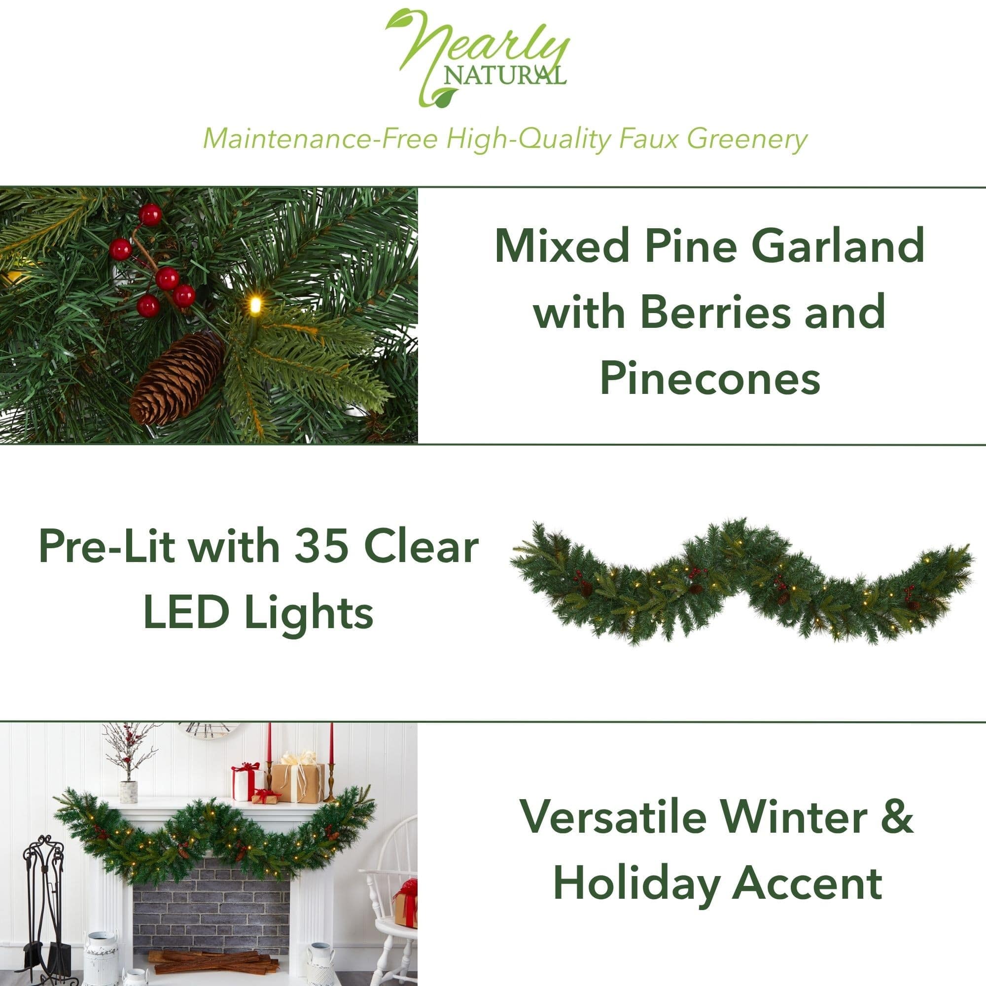 6ft. Pre-Lit Clear LED Mixed Pine, Berry &#x26; Pinecone Artificial Christmas Garland
