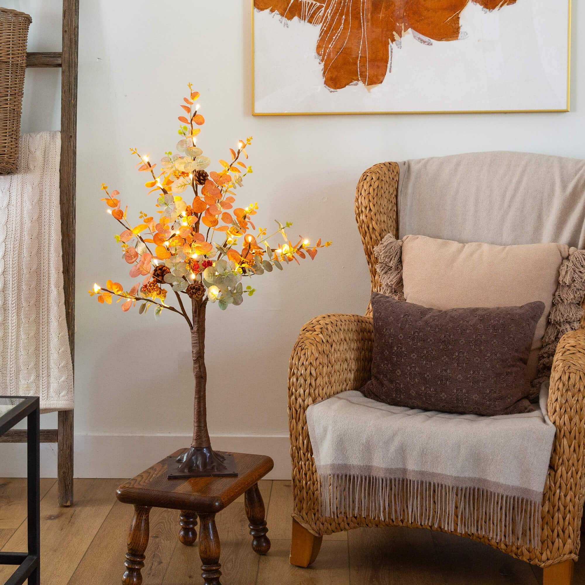 3ft. Pre-Lit Autumn Eucalyptus Artificial Fall Tree with Pinecones, Berries and 36 Warm White LED Lights