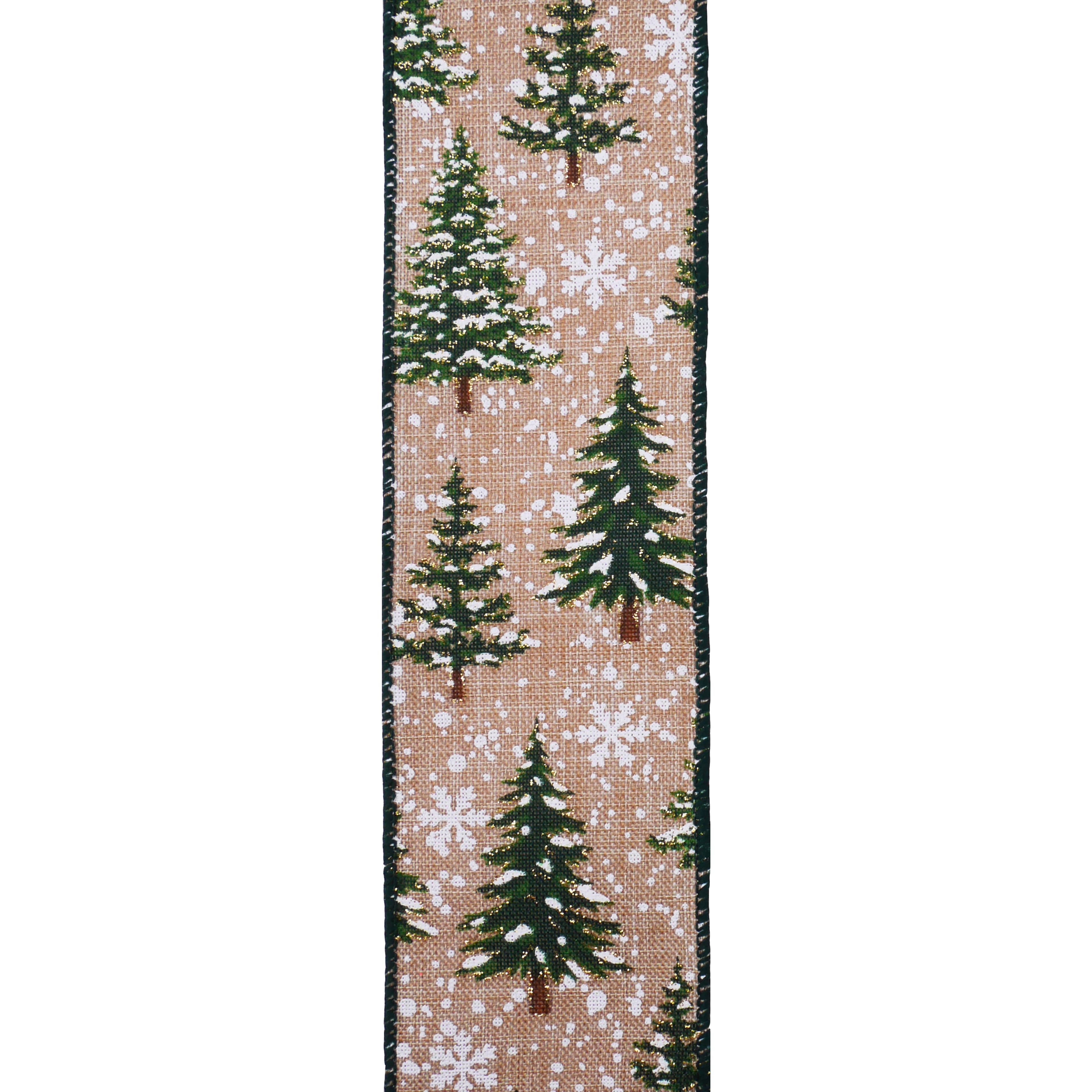 2.5&#x22; x 20ft. Snowy Green Trees Wired Faux Linen Ribbon by Celebrate It&#xAE; Christmas