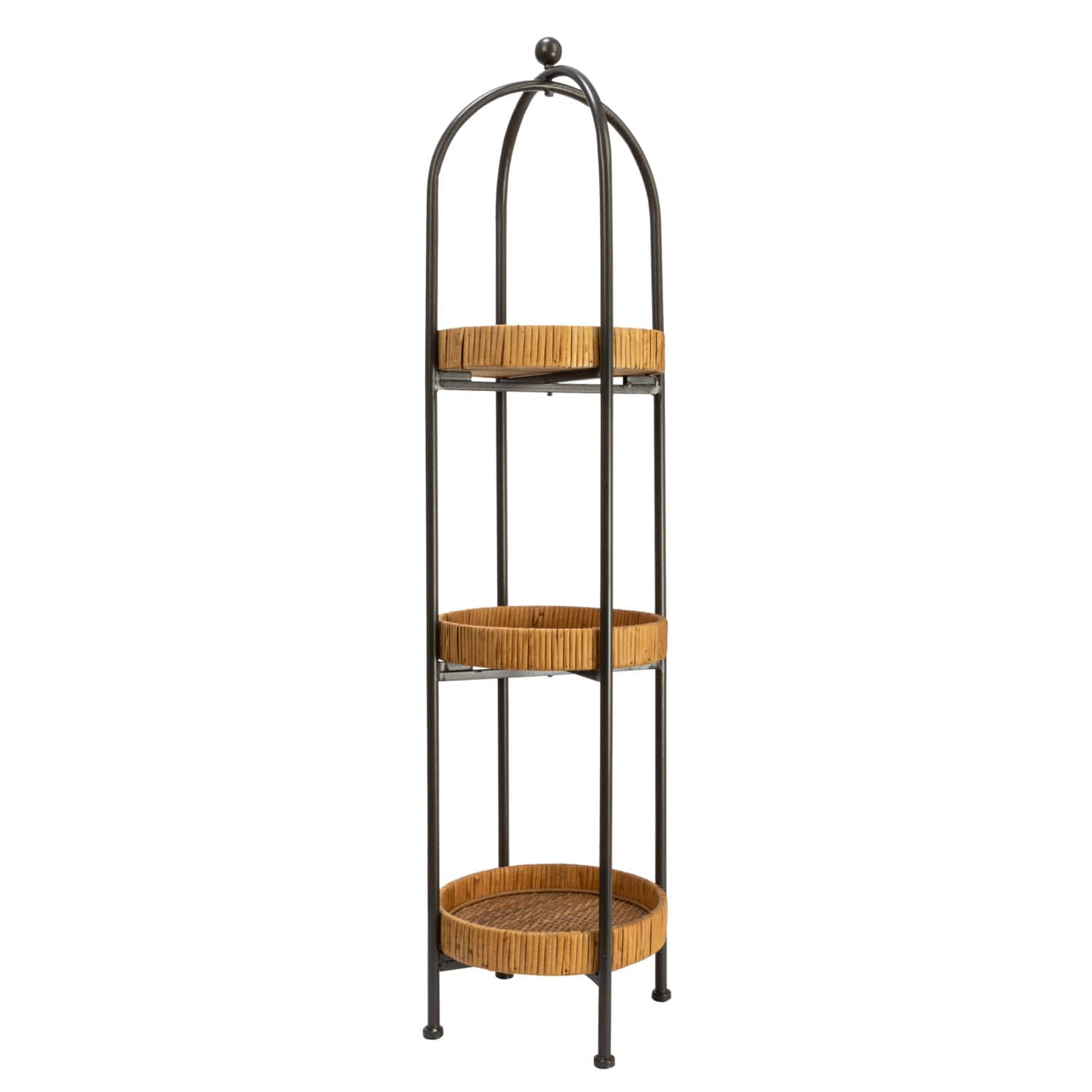 3ft. Boho Arched Black Metal Plant Stand with Rattan Trays