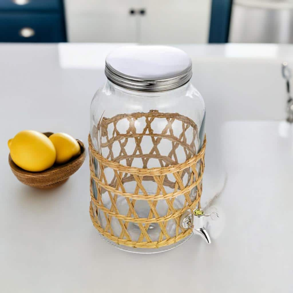 5.5qt. Glass Beverage Dispenser with Natural Woven Seagrass Sleeve