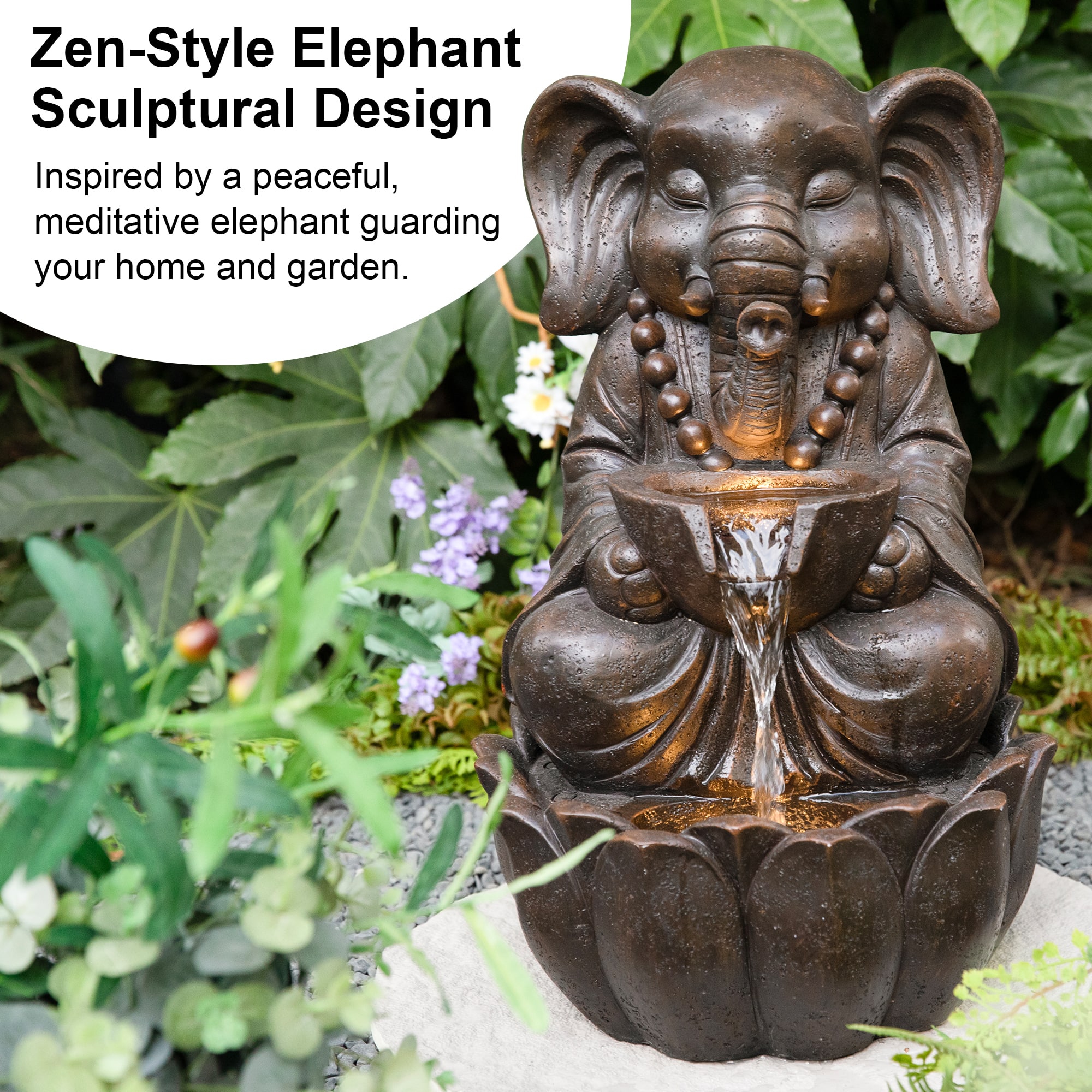 Glitzhome® 21.75" Zen-Style LED 2-Tier Elephant Outdoor Fountain