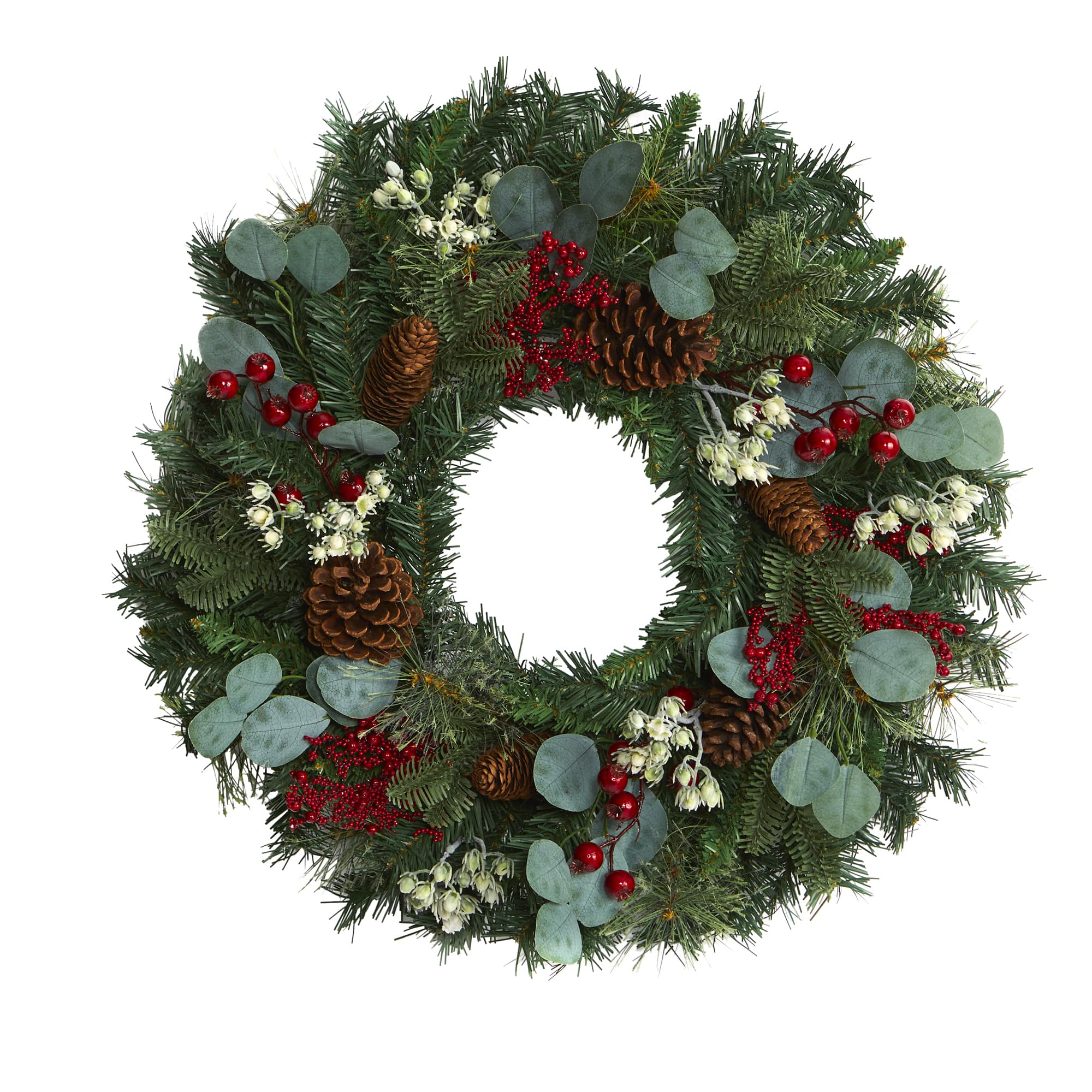 24" Eucalyptus & Pine Wreath with Berries and Pinecones