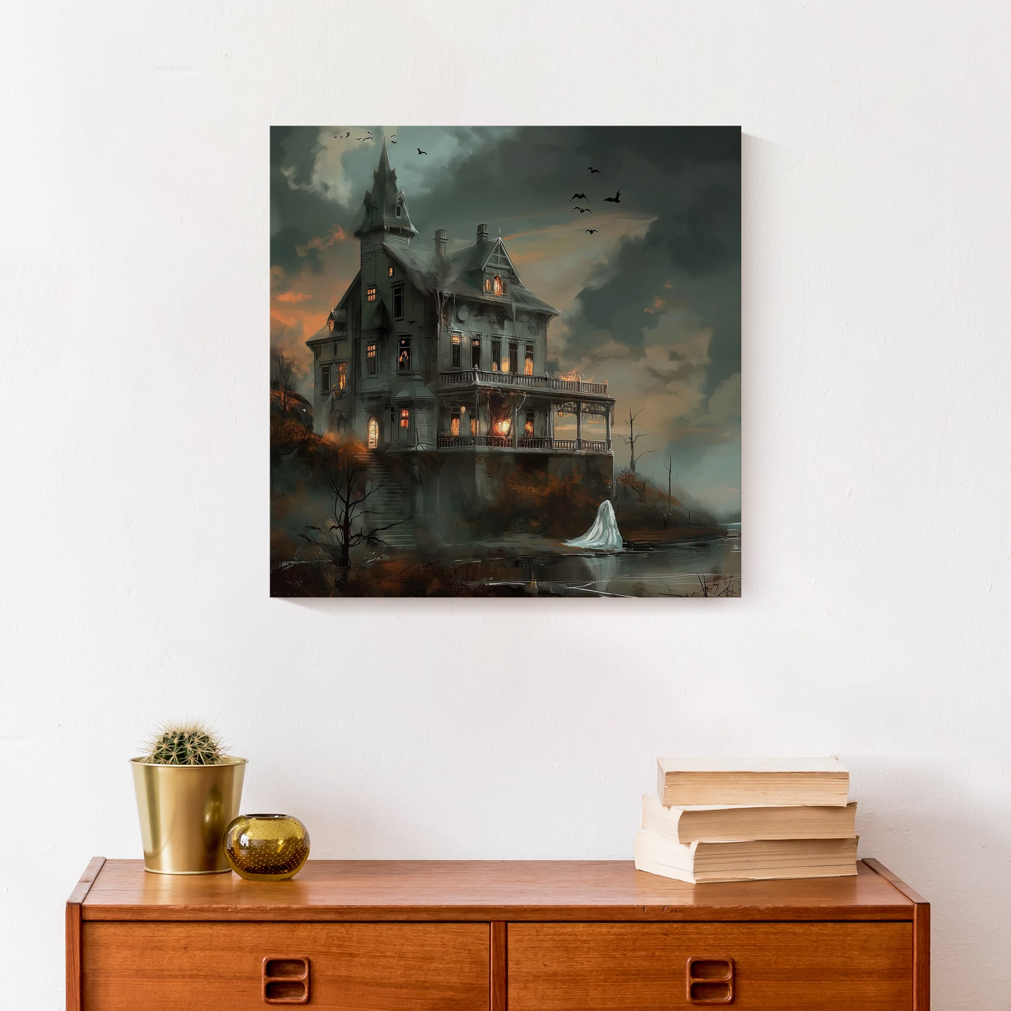 Haunted Lakeside Mansion 16&#x22; x 16&#x22; Canvas Wall Art