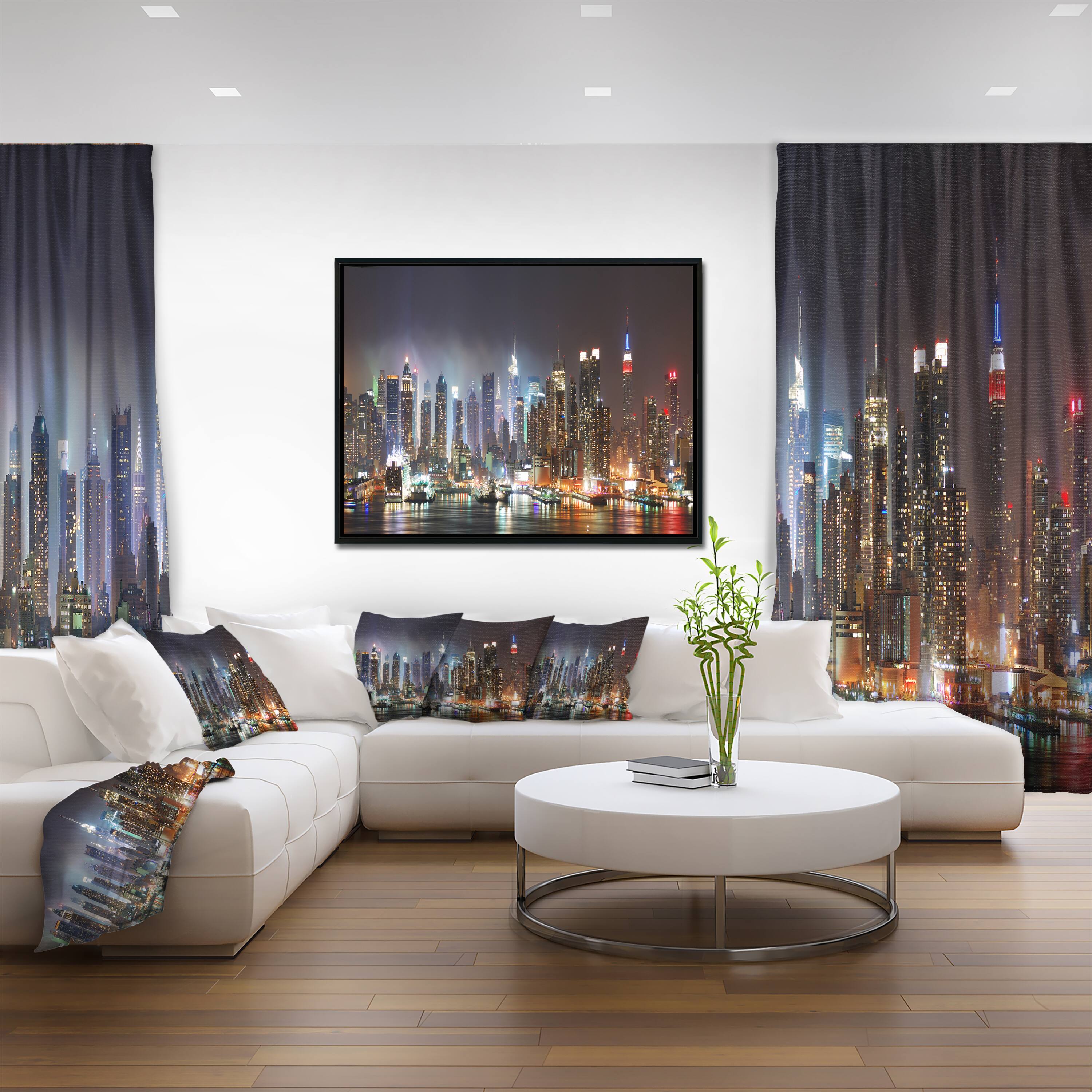 Designart - Lit NYC Manhattan Skyline - Cityscape Photo Framed Canvas Print