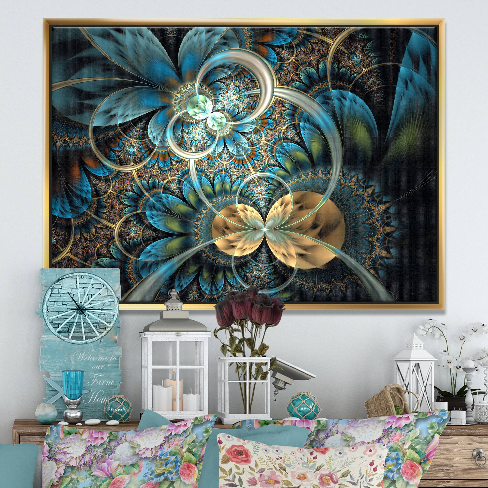 Designart - Symmetrical Blue Gold Fractal Flower - Abstract Print On Framed Canvas
