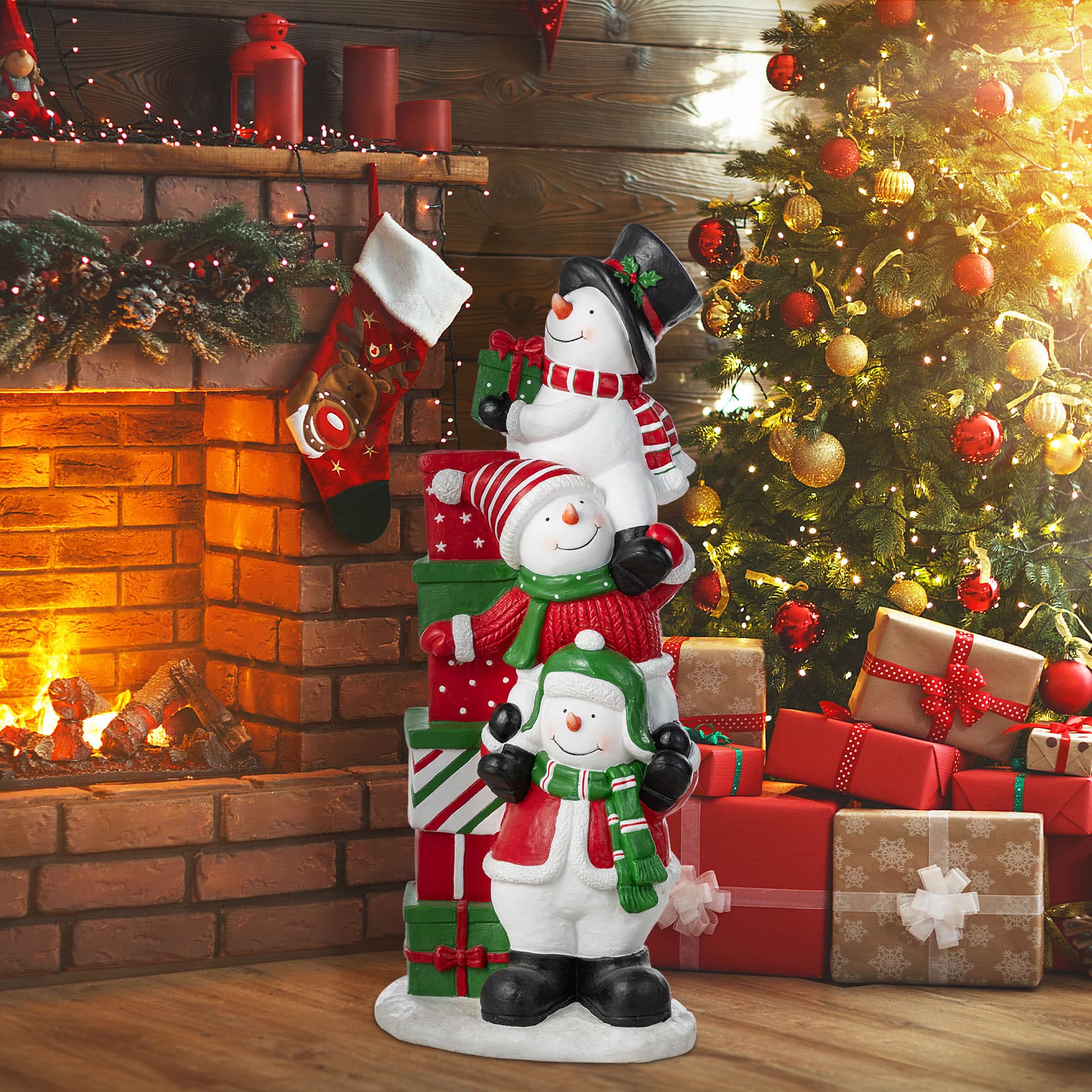 Glitzhome&#xAE; 35.25&#x22; Christmas Resin Stacked Snowman Porch Decor