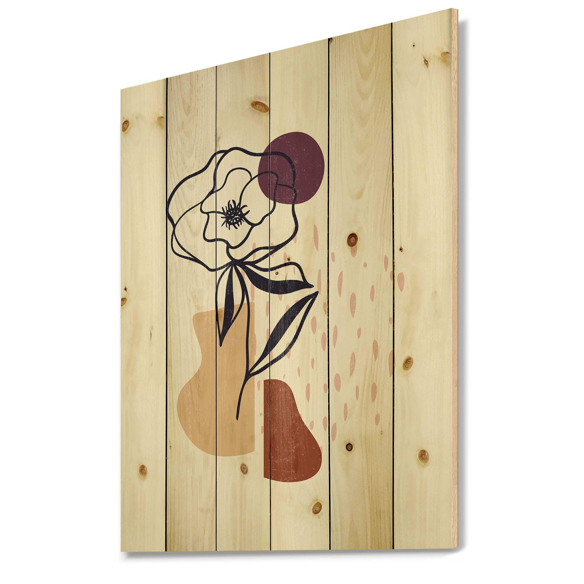 Designart - Vintage Flower With Minimalist Shapes I - Modern Print on Natural Pine Wood