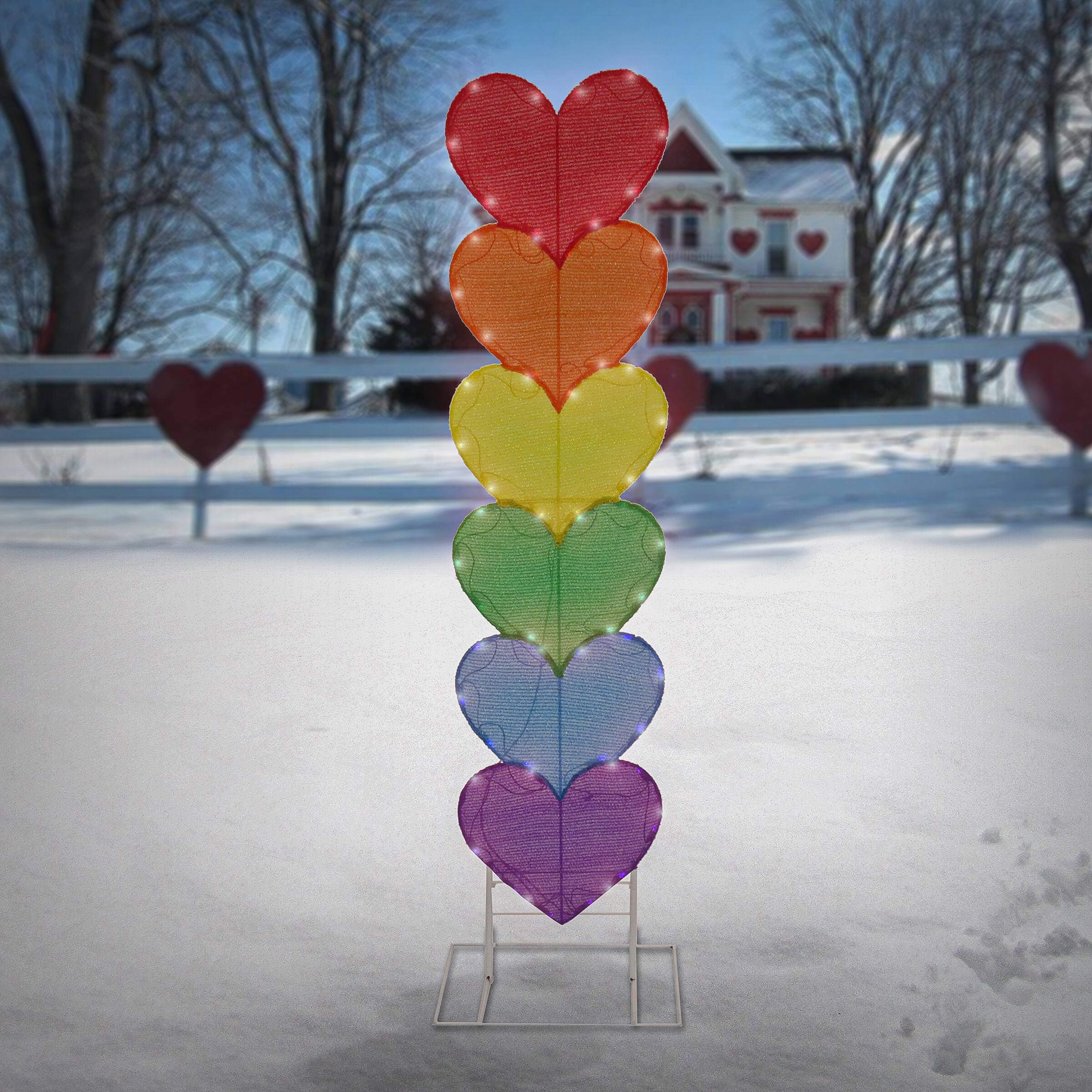 63&#x22; Valentine&#x27;s Day Collection Rainbow LED Pre-Lit Valentine&#x27;s Stacked Hearts Plug In Decoration