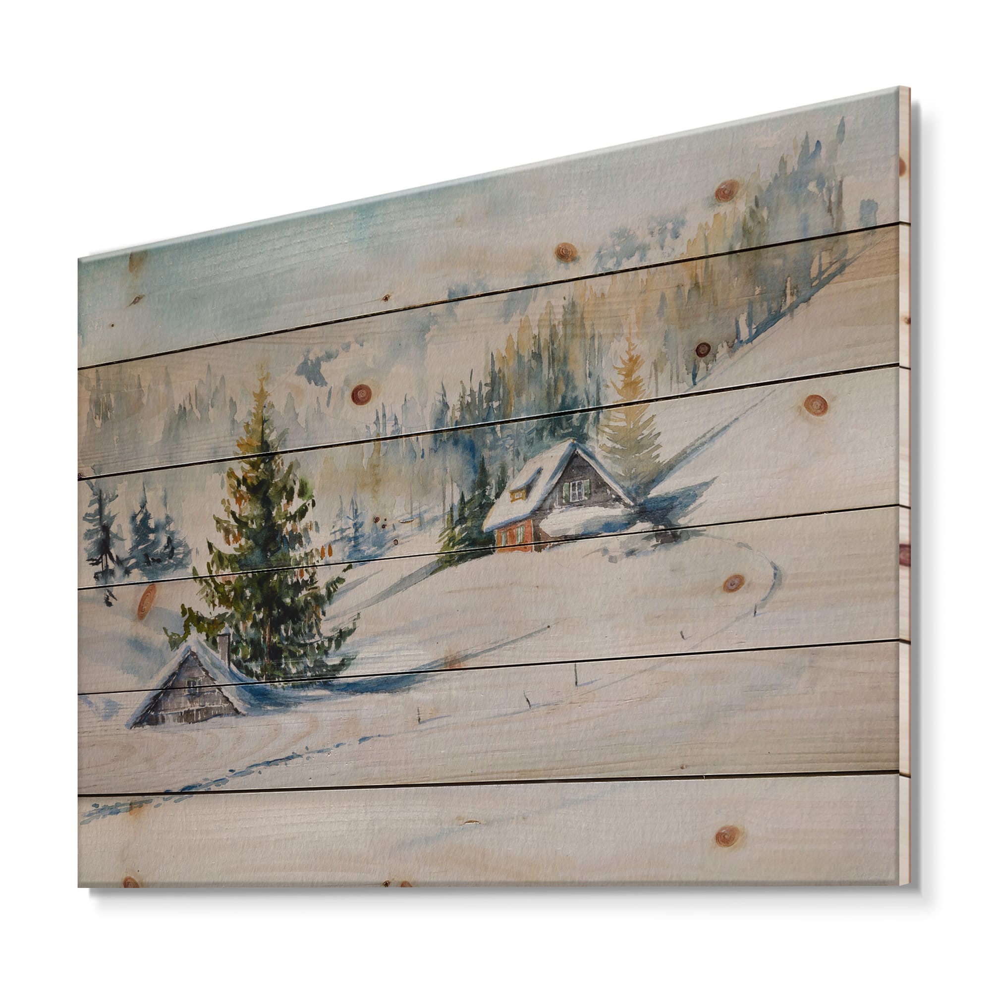 Designart - Little House In The Winter Mountains - Traditional Print on Natural Pine Wood