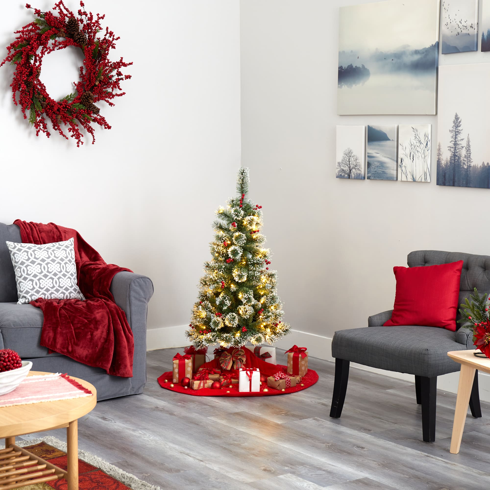 4ft. Pre-Lit Frosted Swiss Pine Artificial Christmas Tree with Berries, Clear LED Lights