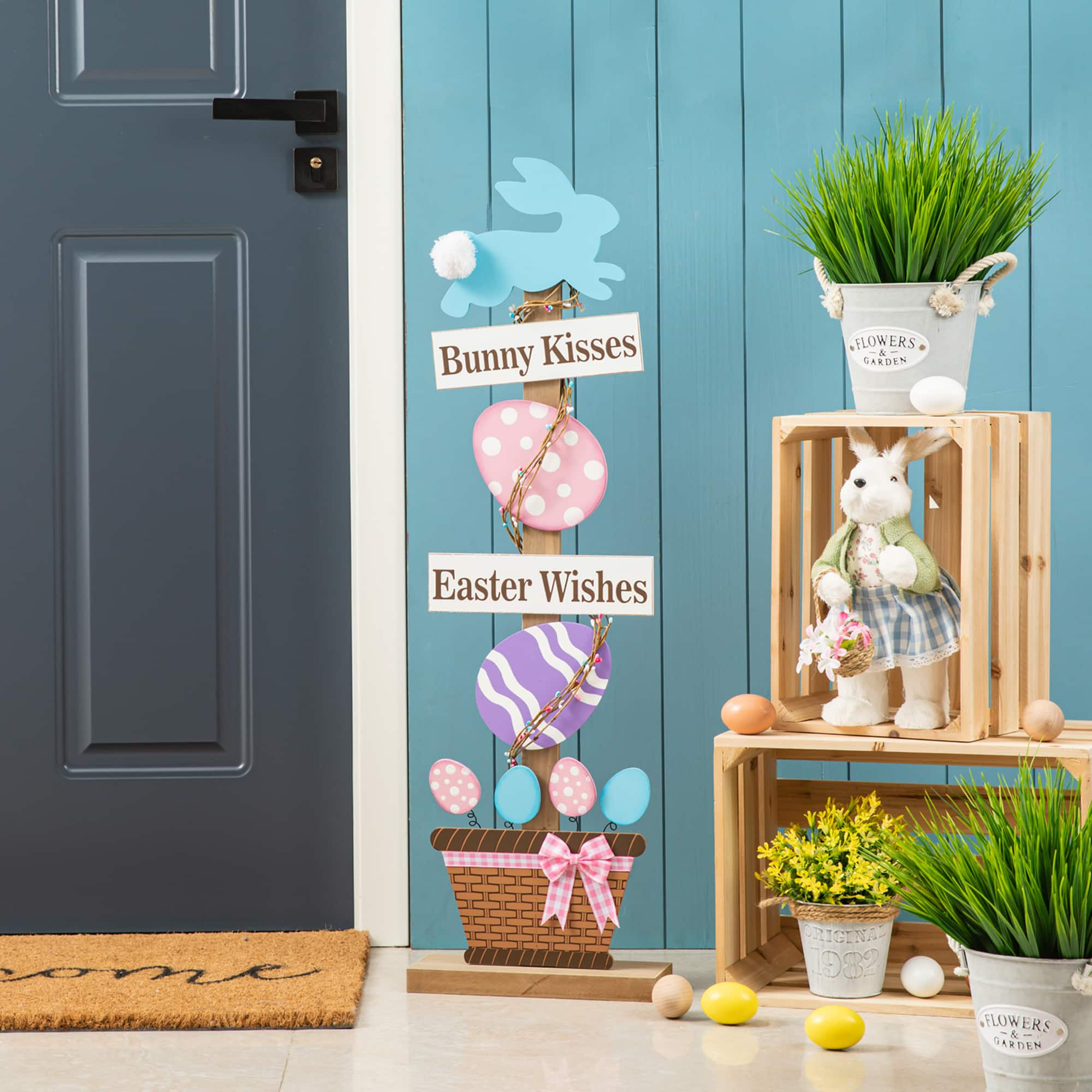 Glitzhome&#xAE; 35.5&#x22; Easter Wooden Bunny &#x26; Eggs Porch D&#xE9;cor