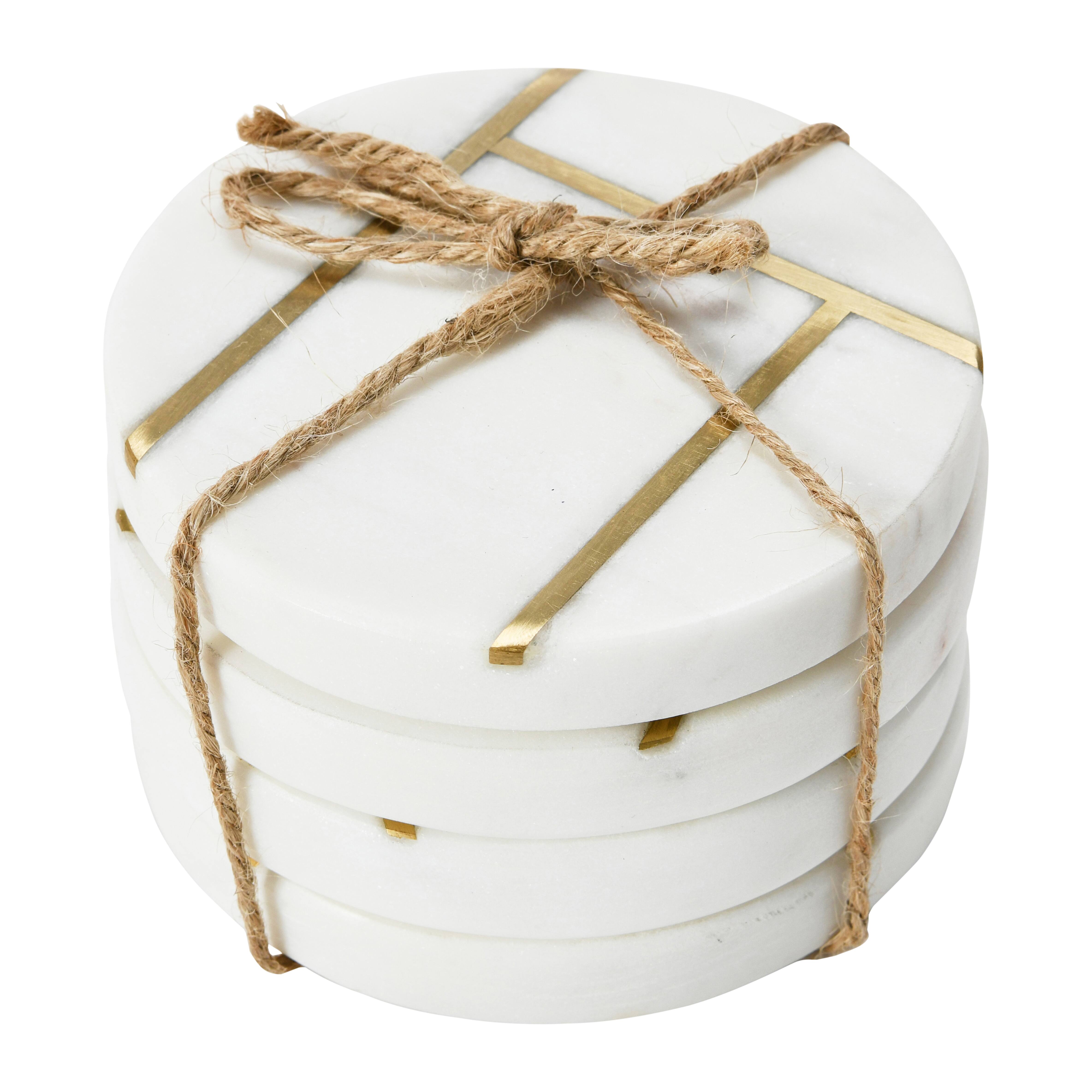 Hello Honey&#xAE; White Round Marble Coaster Set with Brass Inlay