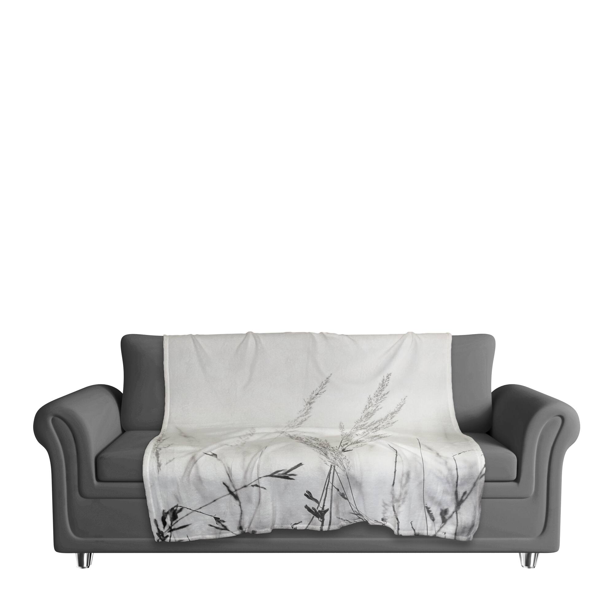 50" x 60" Black & White Field Grasses Coral Fleece Blanket