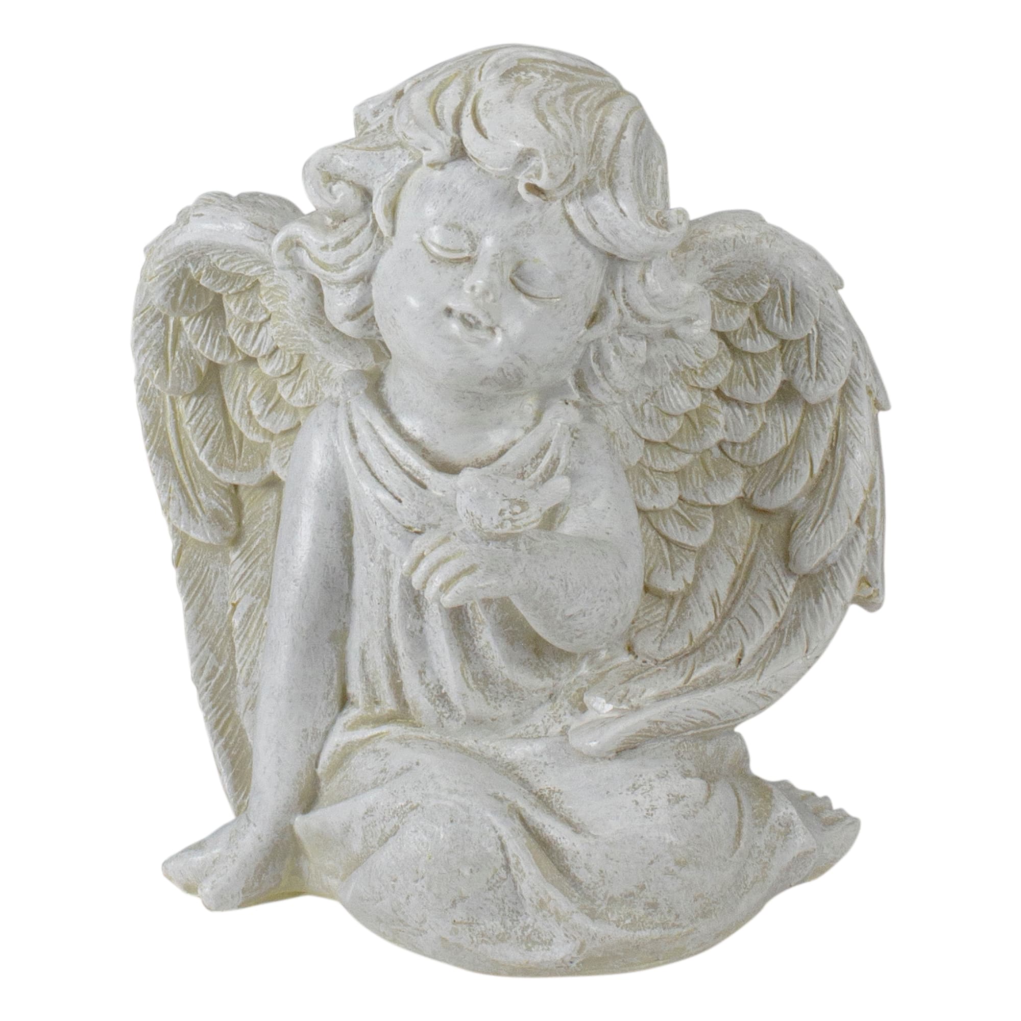 6.5" Ivory Sitting Cherub Angel with Bird Outdoor Statue