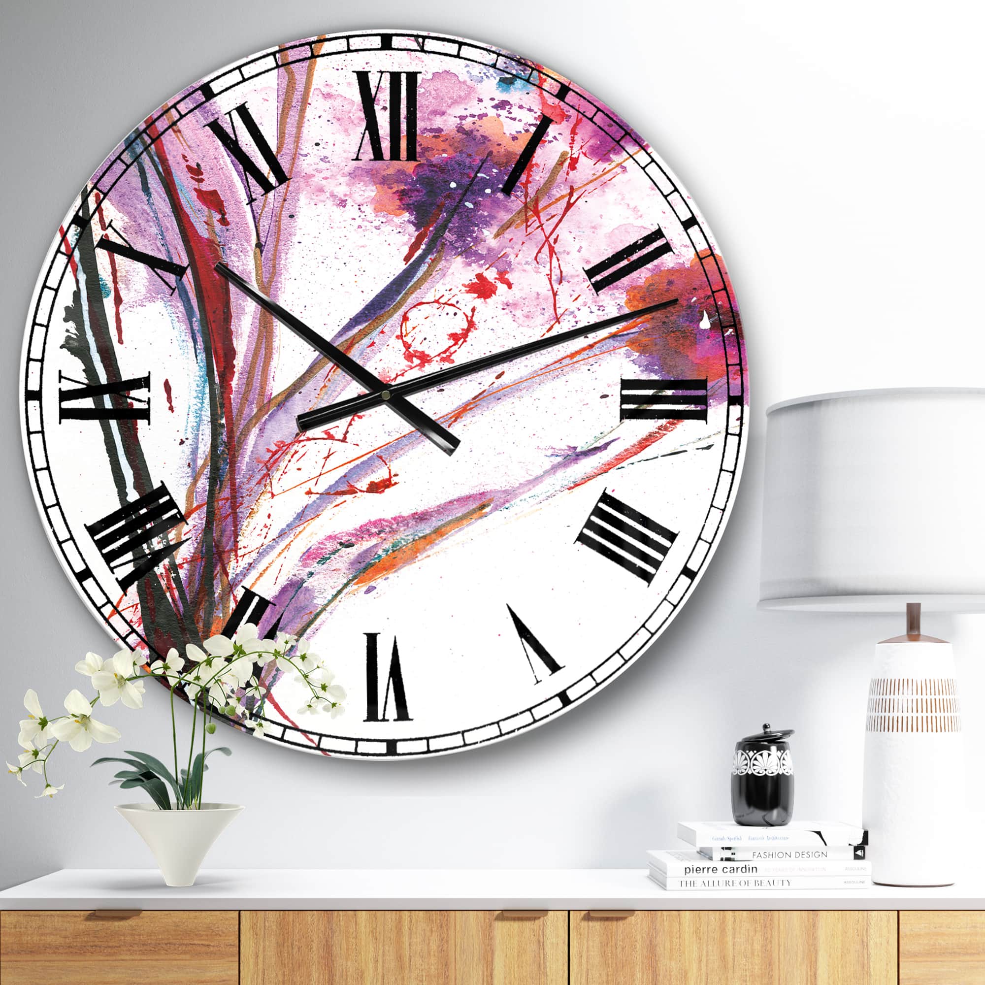 Designart 'Abstract Purple Handpainted Flowers Traditional Wall Clock