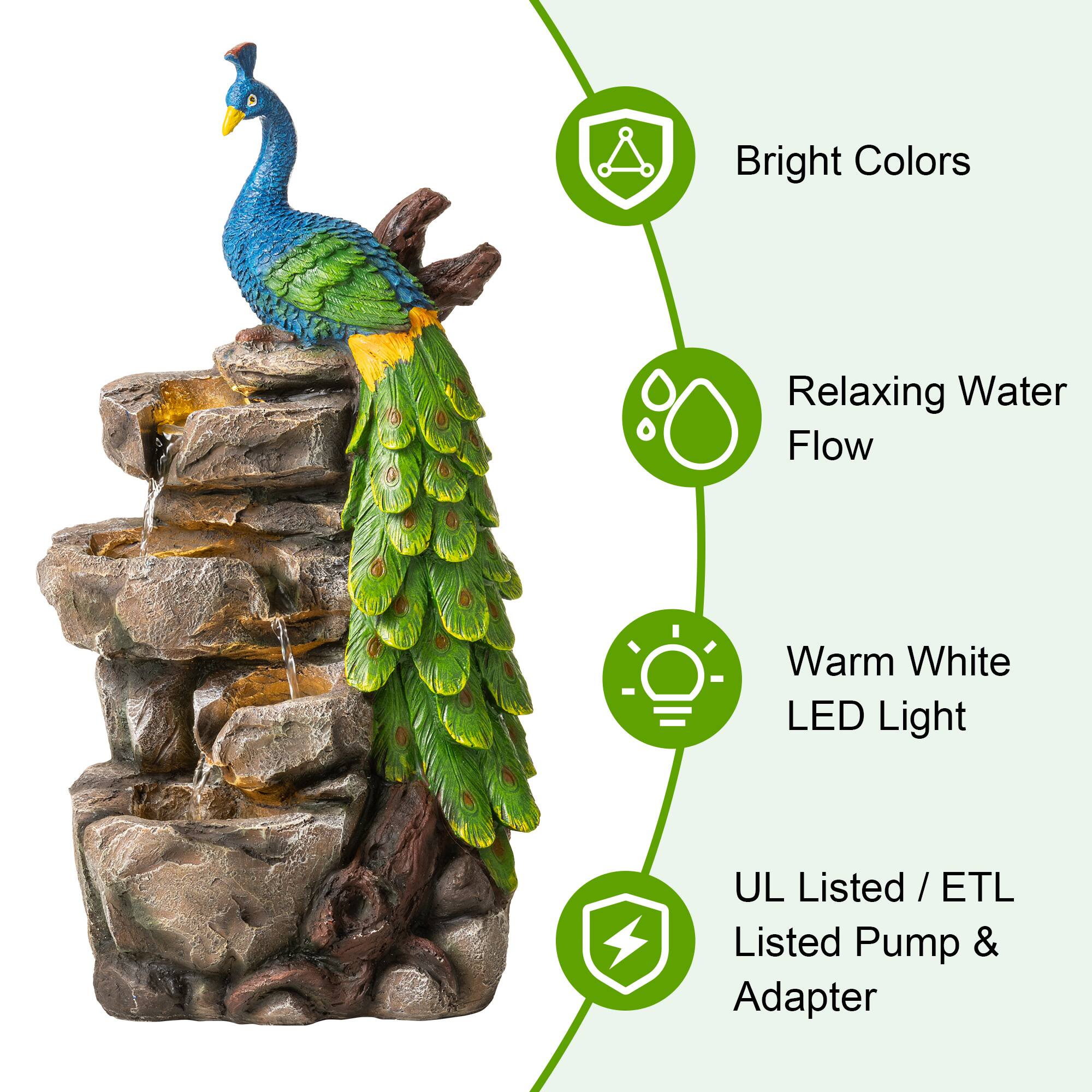 Glitzhome® 20.5" LED 4-Tier Peacock Outdoor Fountain