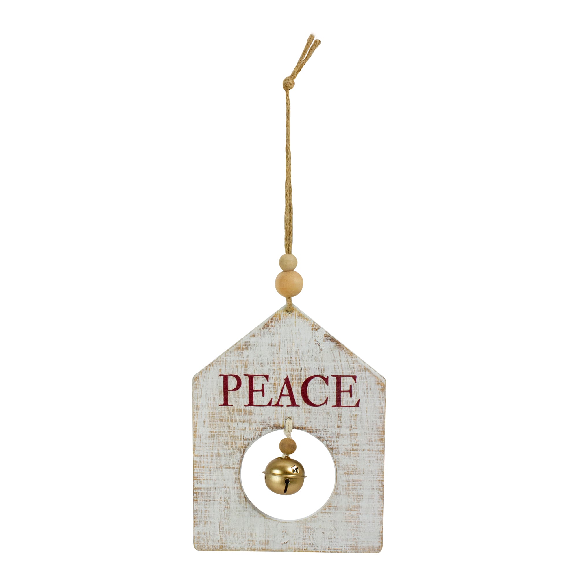 Rustic Wooden "Peace" with Bell Christmas Tag Ornament - 8" - Gold and White