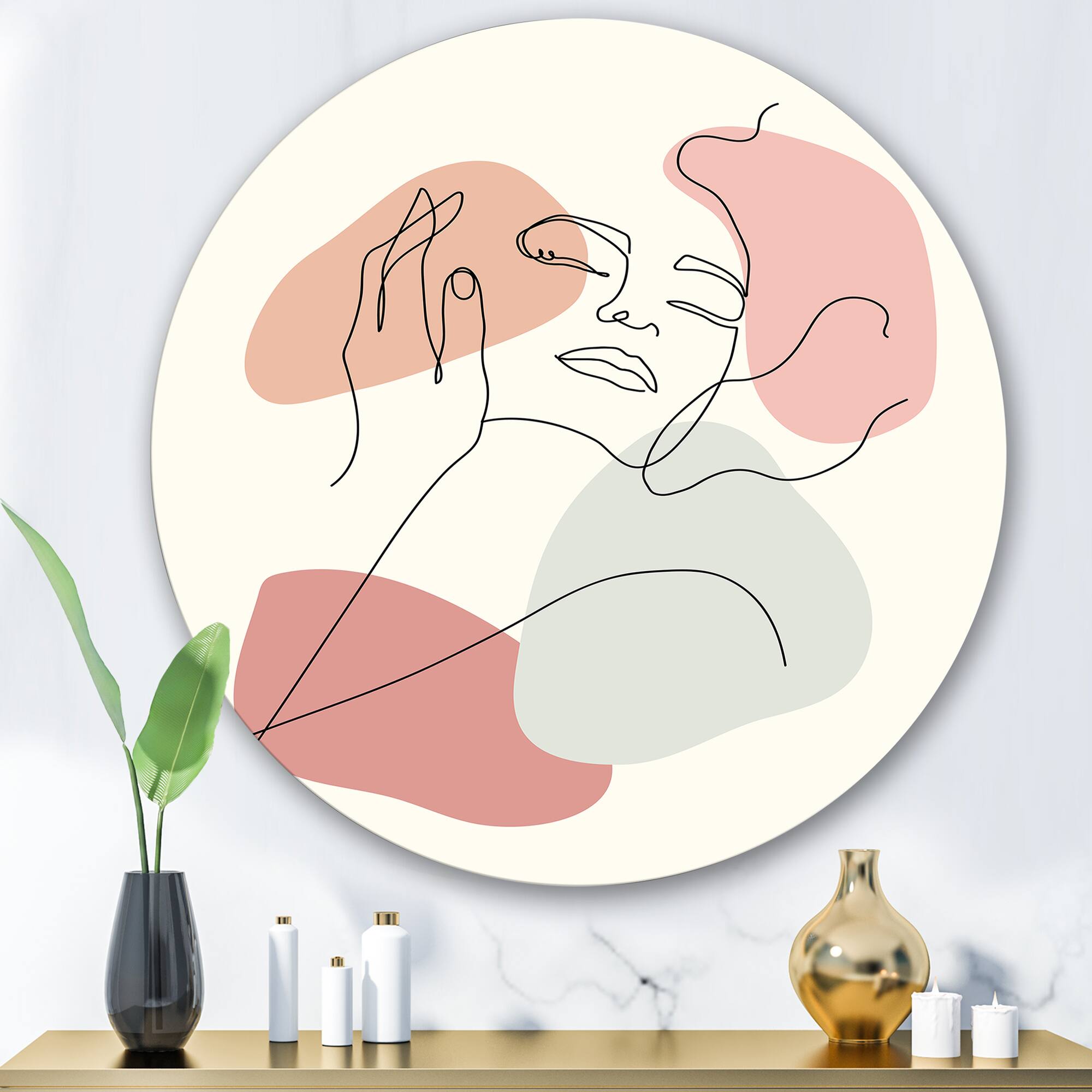 Designart - Continuous Line Portrait of Woman In - Modern Metal Circle Wall Art