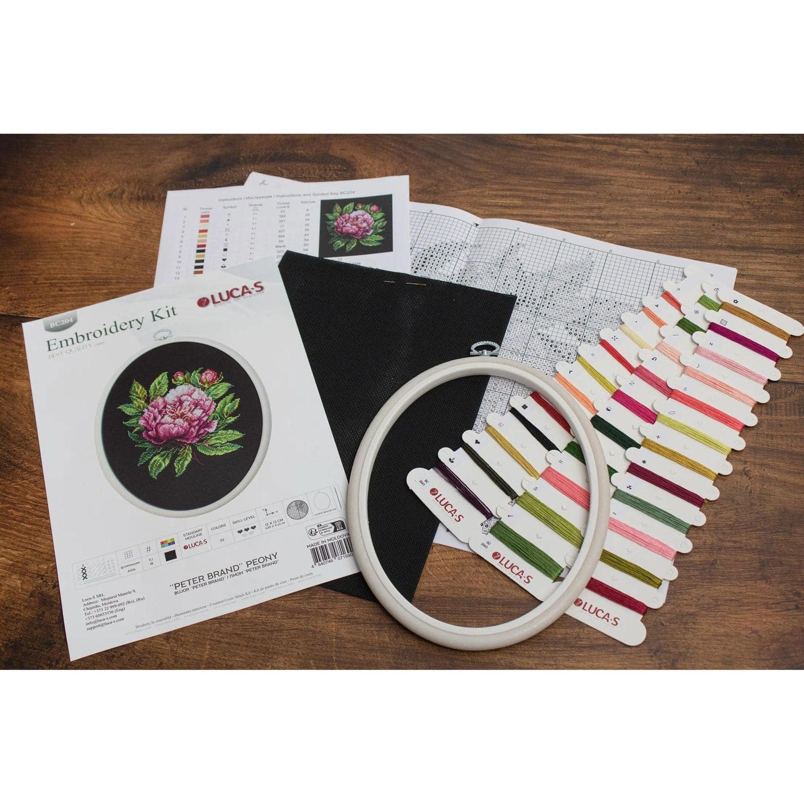 Luca-S Peter Brand Peony Counted Cross Stitch Kit with Display Hoop