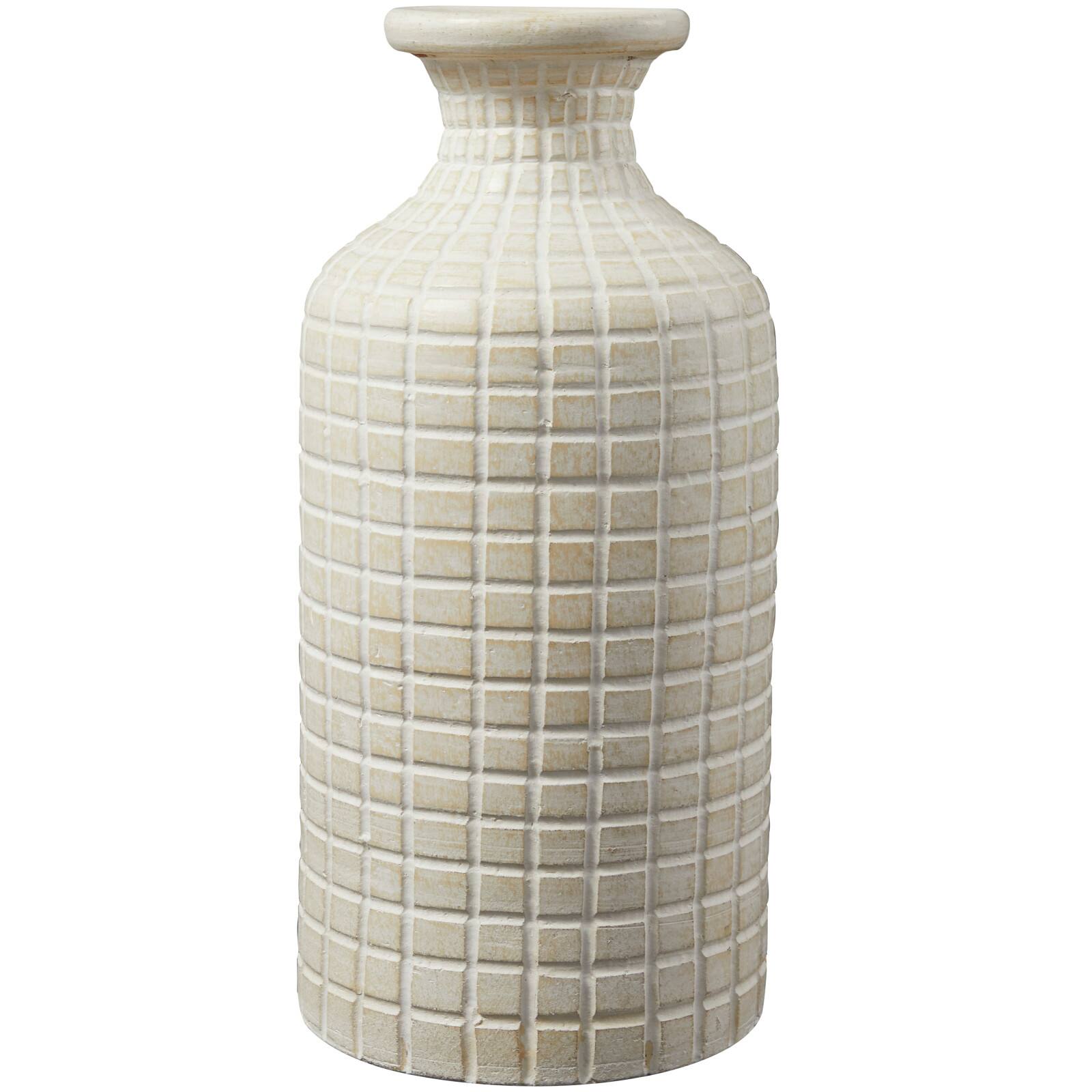 Cream Ceramic Textured Geometric Vase with Checkered Pattern