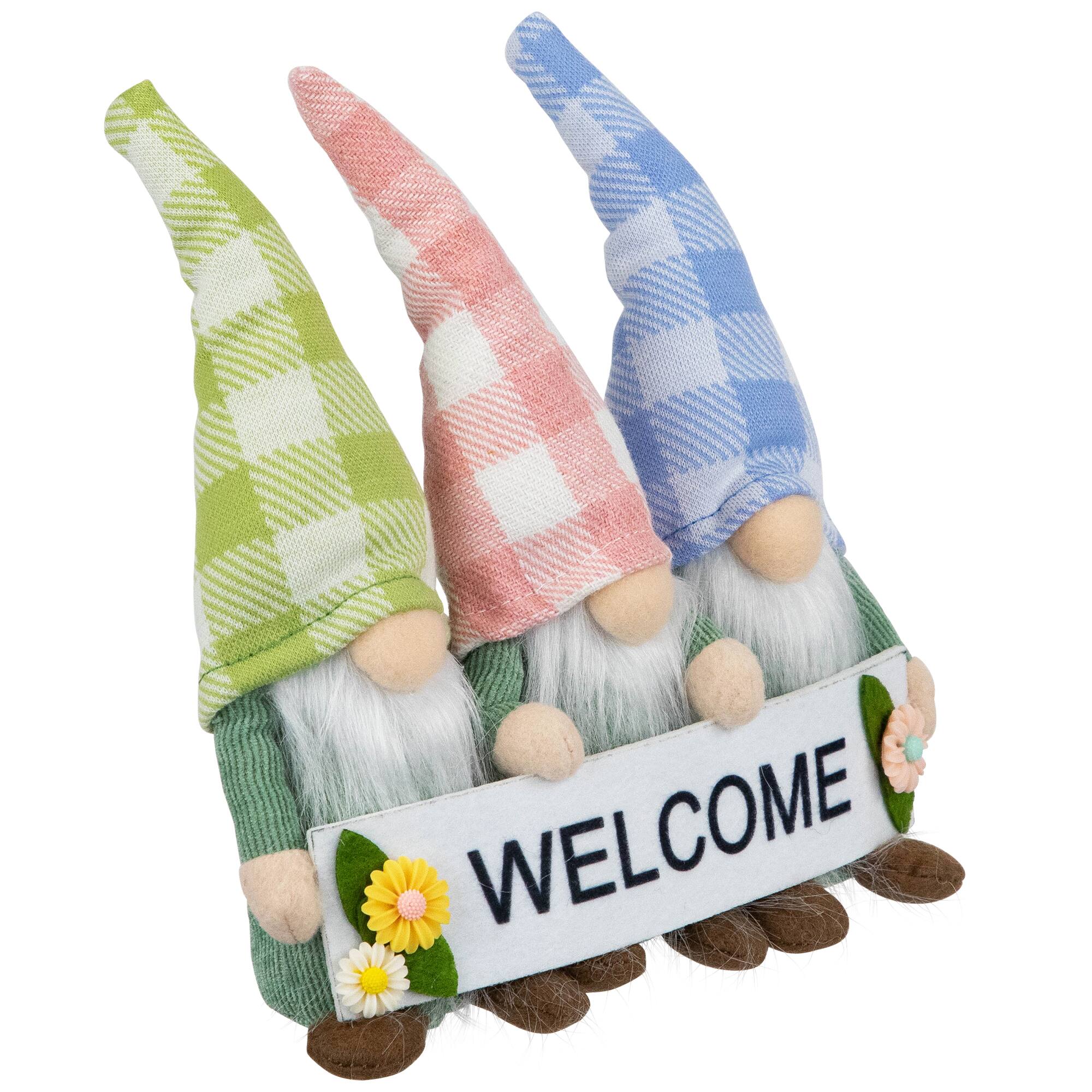 7" Pastel Pink & Green Gnome Trio with Welcome Banner Spring Table Décor