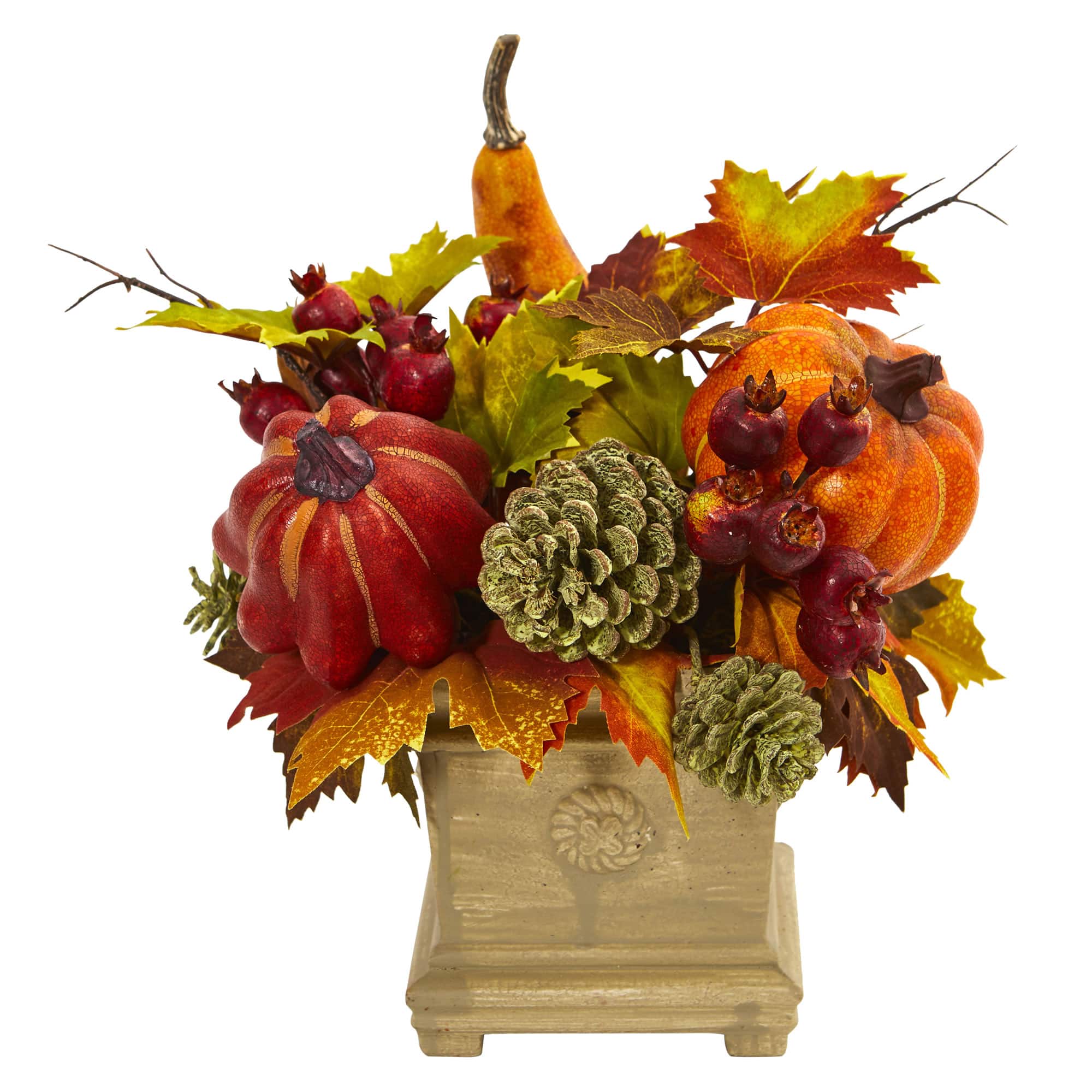 11" Pumpkin, Gourd, Berry & Maple Leaf Arrangement