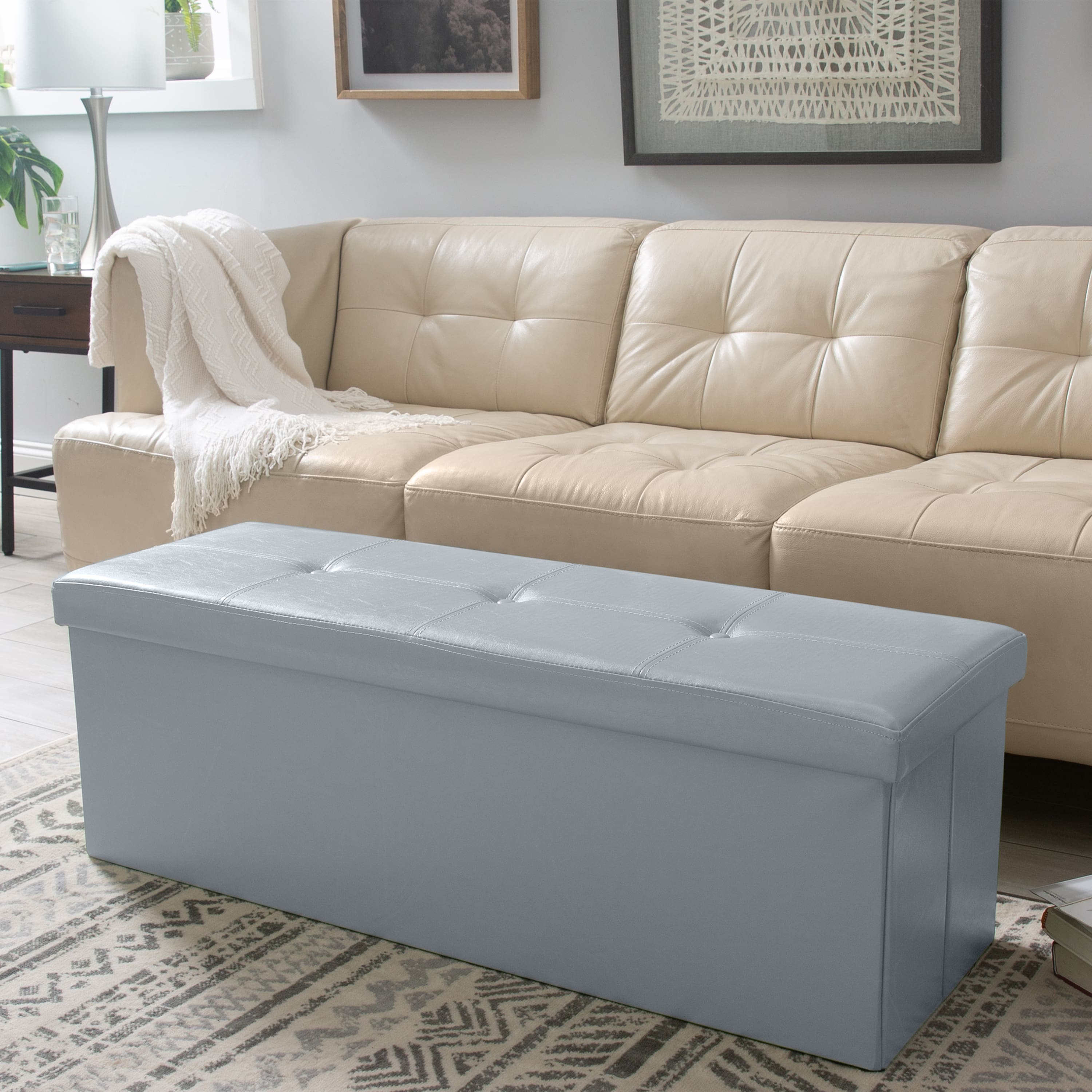 Simplify 44&#x22; Faux Leather Triple Folding Storage Ottoman