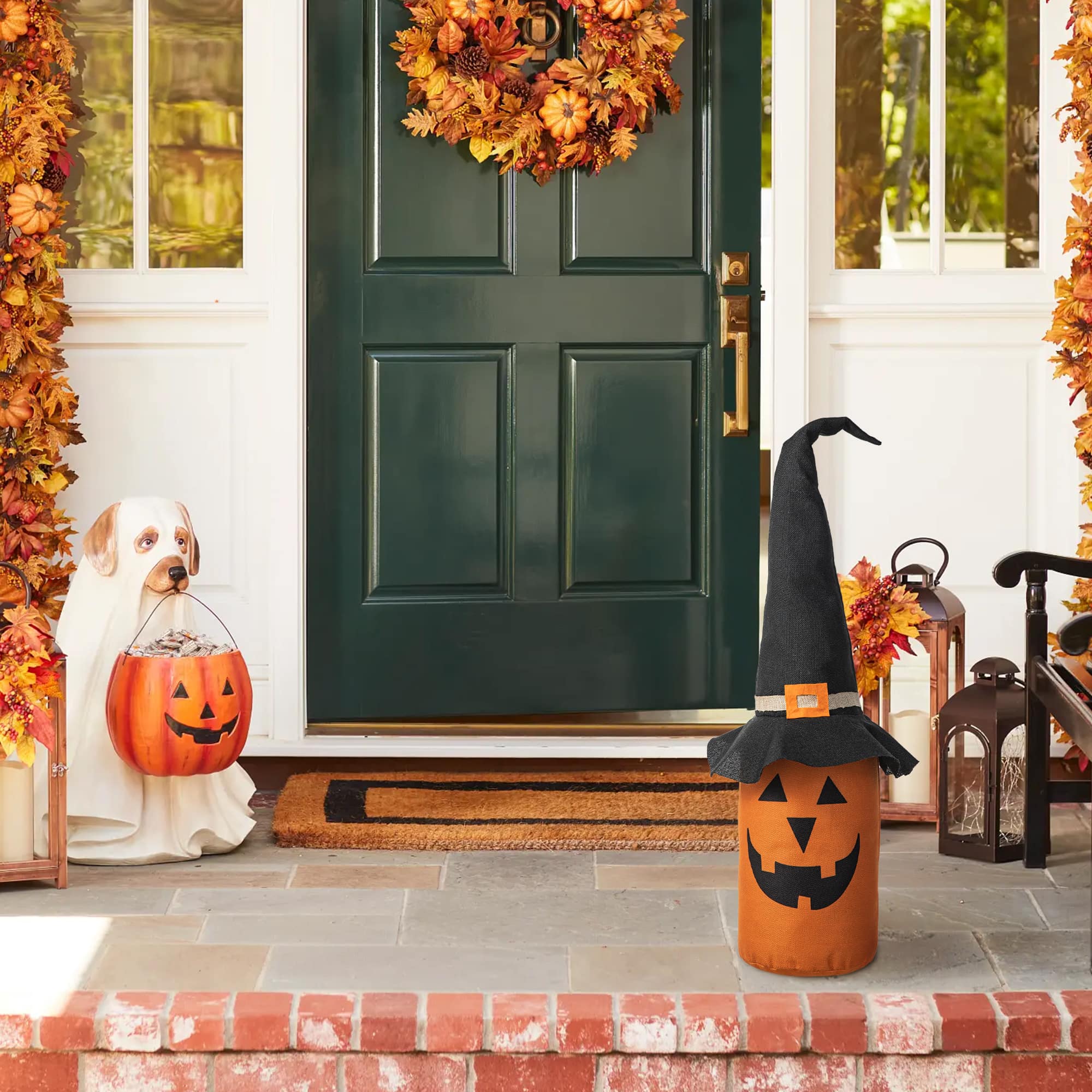 Glitzhome&#xAE; 24&#x22; Linen Halloween Jack-O&#x27;-Lantern Doorstop Porch D&#xE9;cor