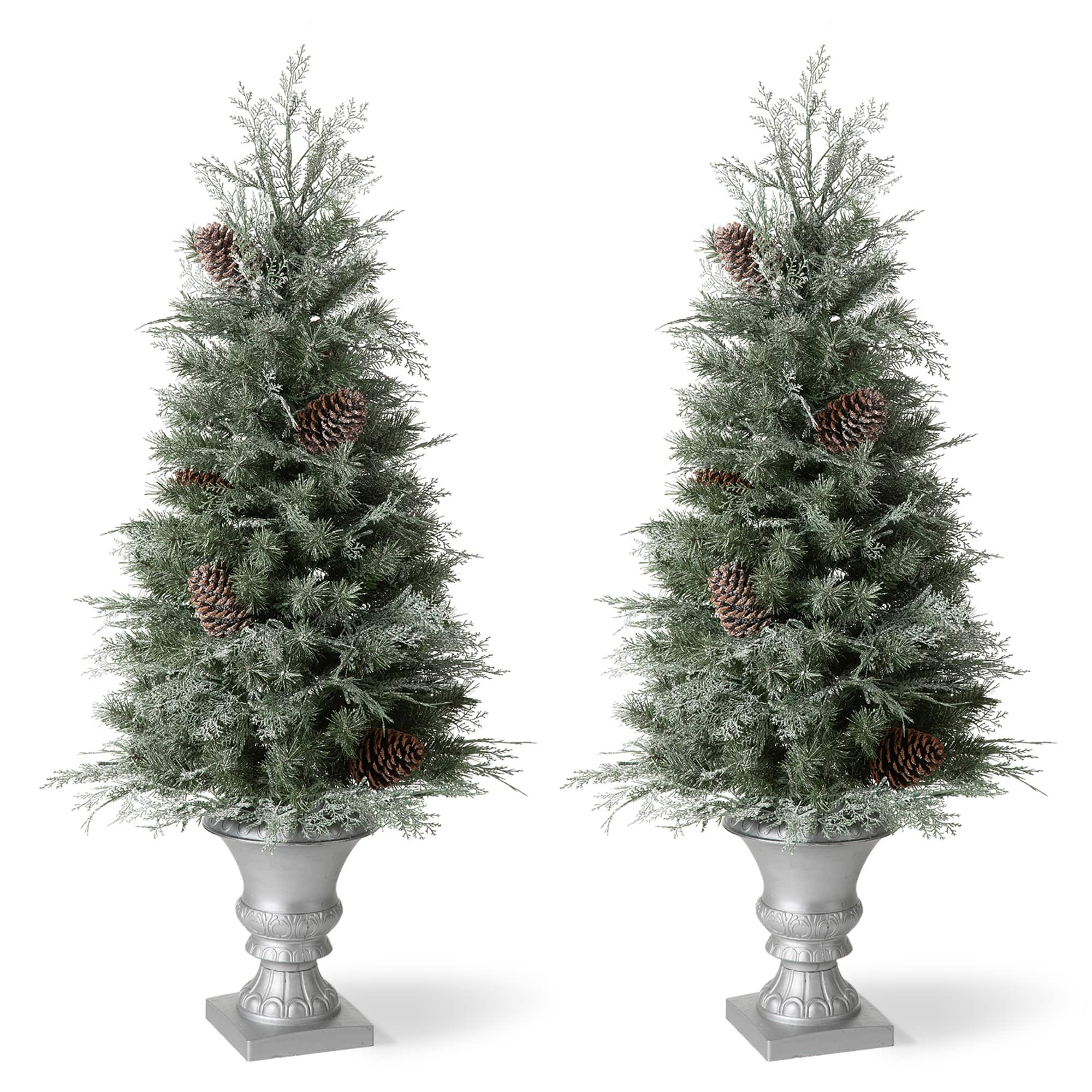 2 Pack 4ft. Pre-Lit Pine Artificial Christmas Porch Tree, Warm White LED Lights