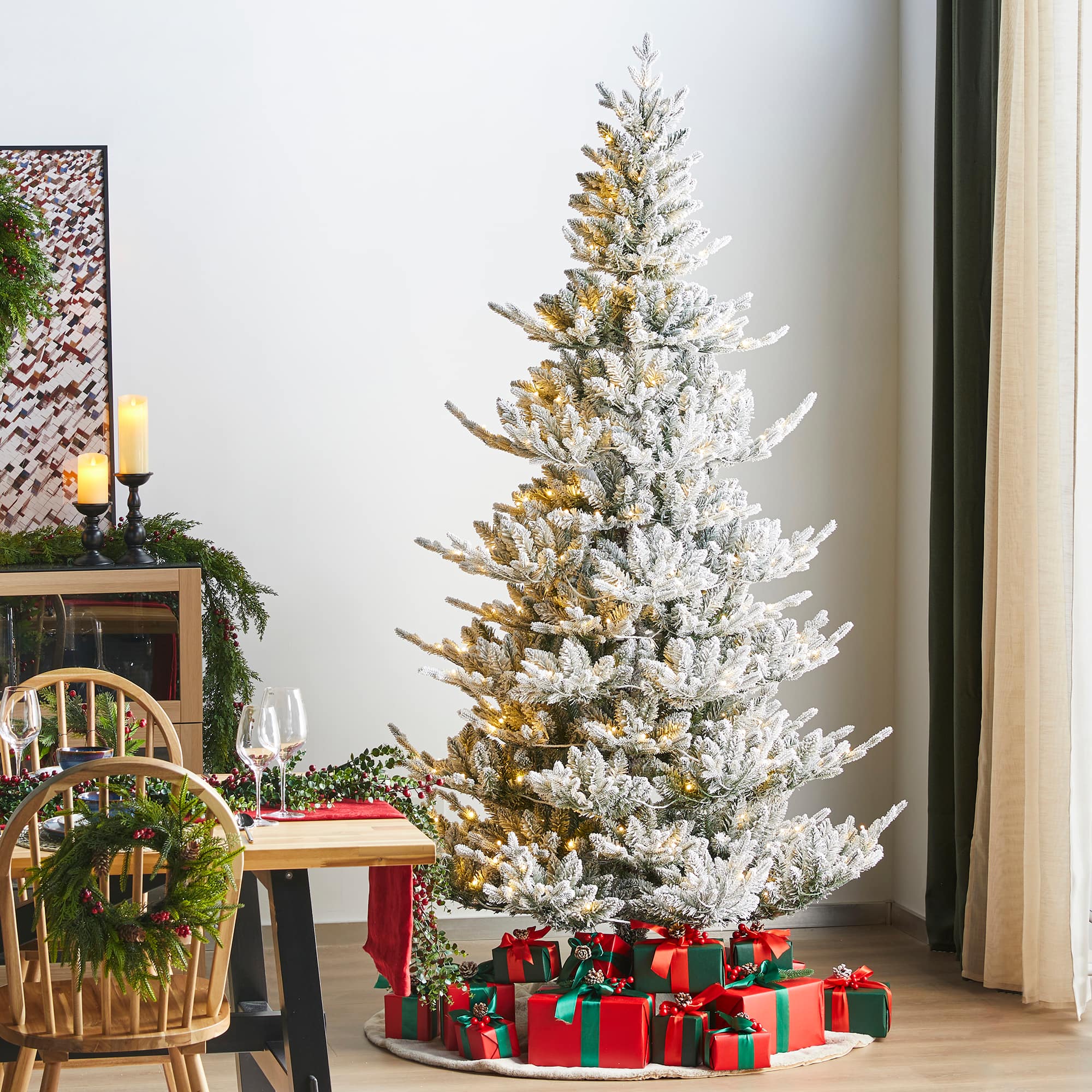 Glitzhome&#xAE; 7.5ft Pre-Lit Flocked Upward Slim Fir Artificial Christmas Tree, Warm White LED Lights