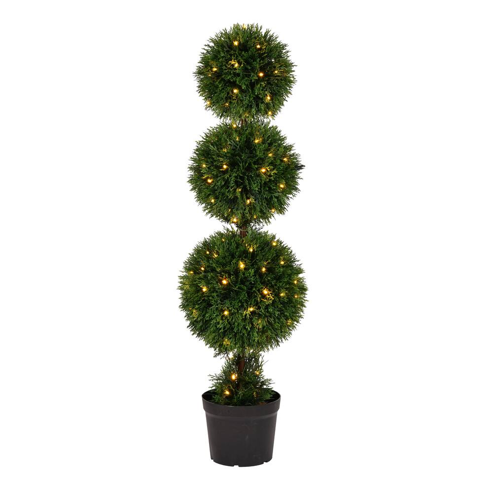 4ft. Pre-Lit Potted Cedar Triple Ball Topiary Tree