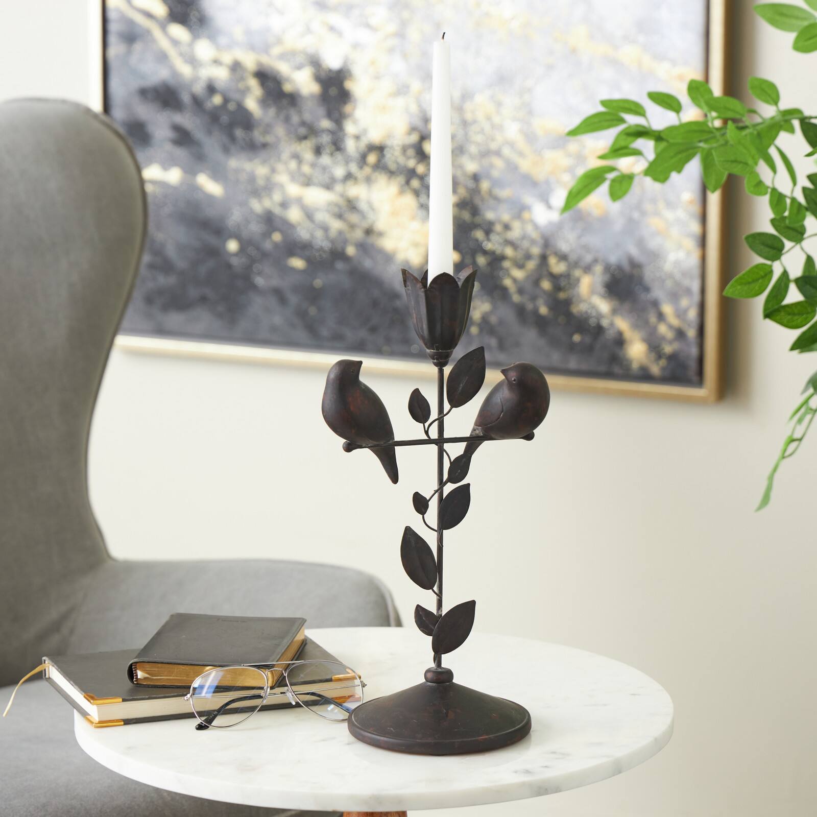 13.75" Black Bird Perching Decorative Sculpture with Leaf Vine & Copper Shading