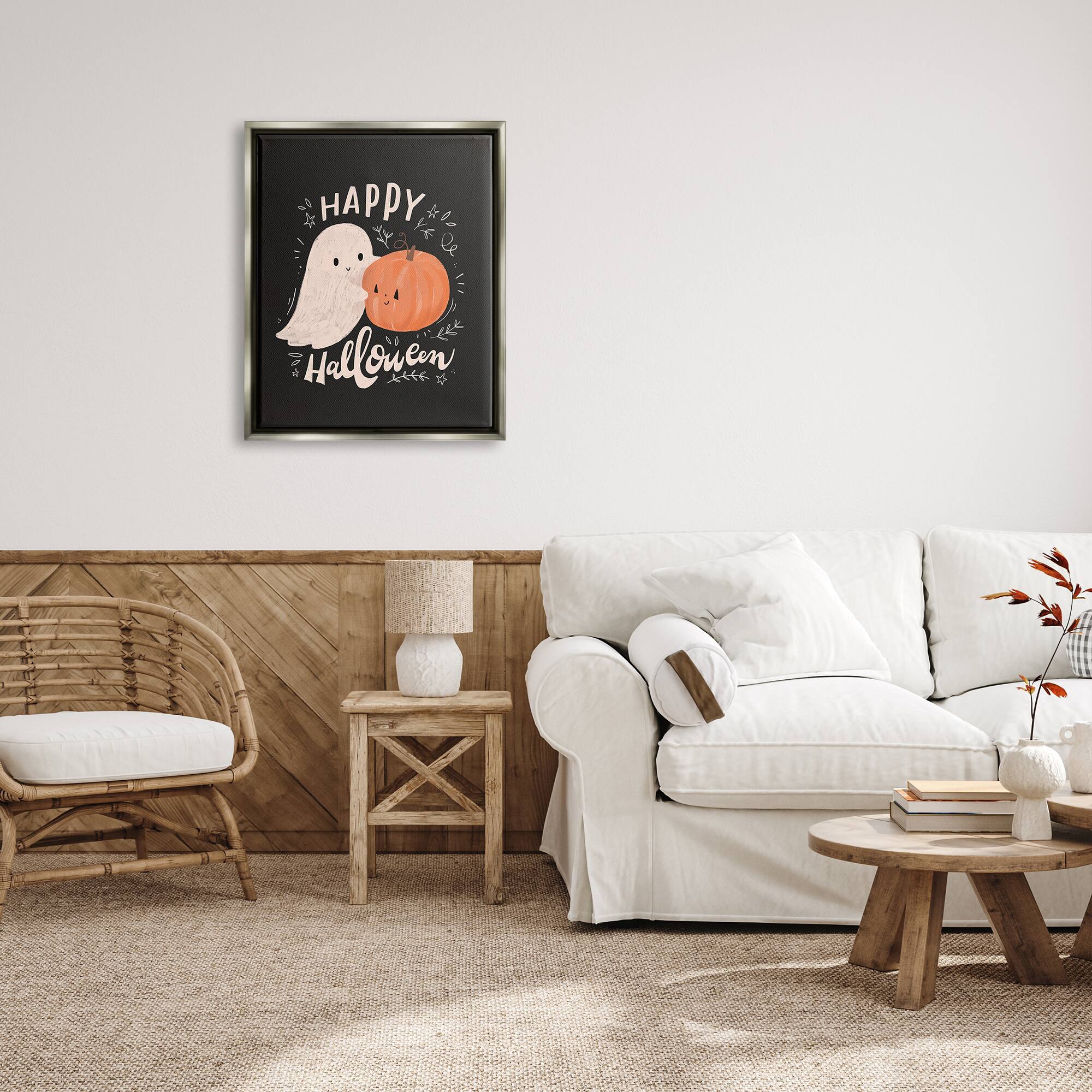 Stupell Industries Happy Halloween Smiling Ghost Pumpkin Framed Floater Canvas Wall Art