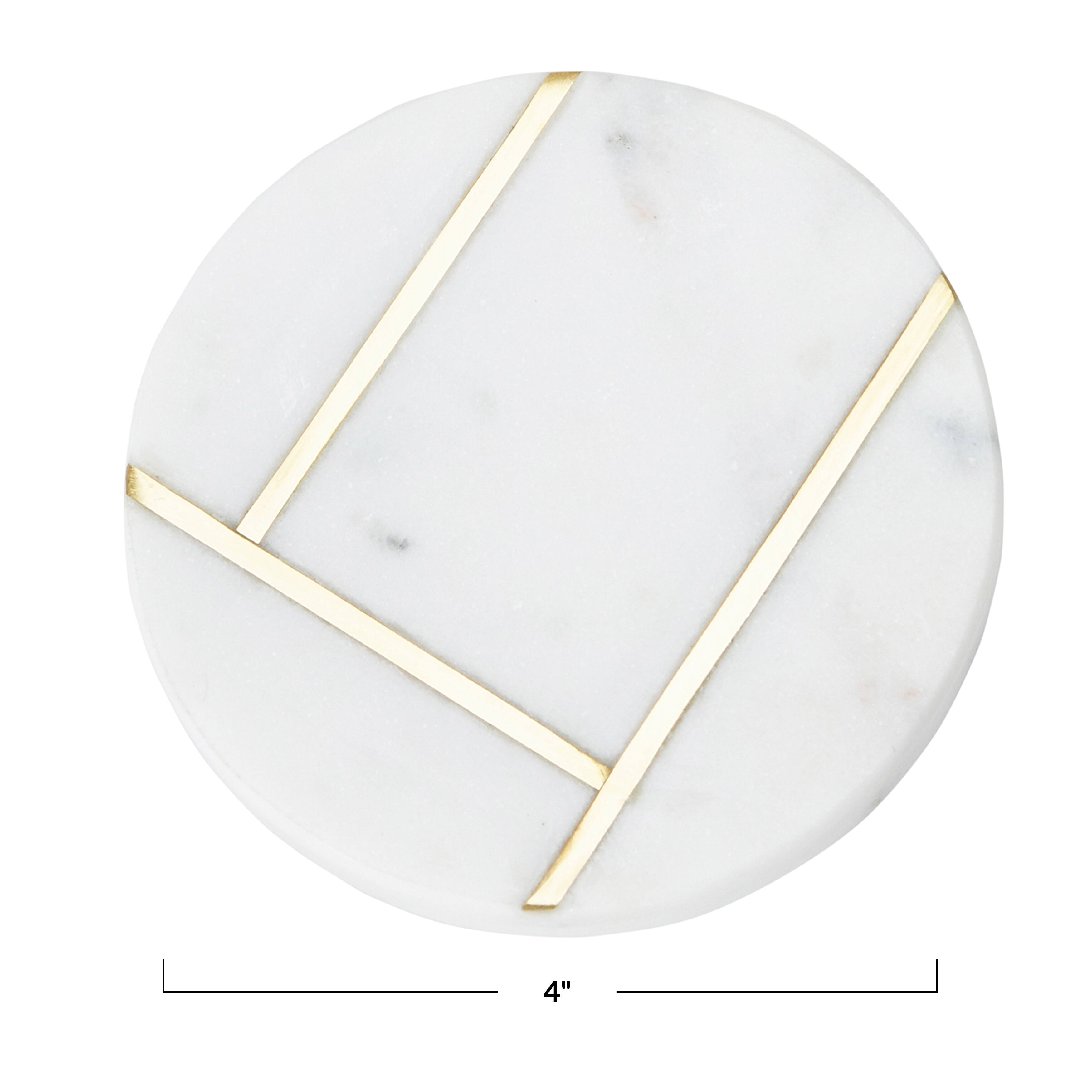 Hello Honey&#xAE; White Round Marble Coaster Set with Brass Inlay