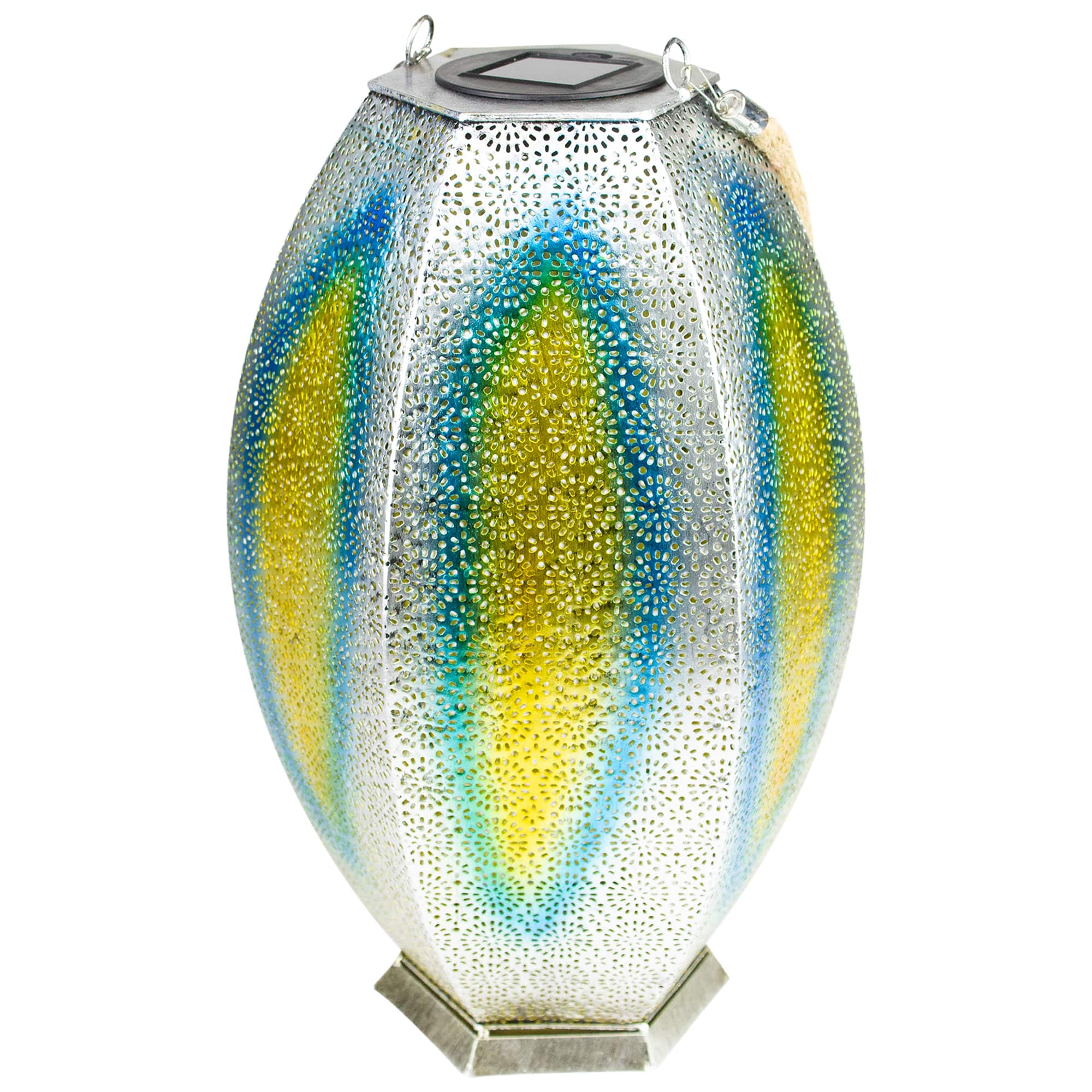 15.5" Silver Floral Outdoor Hanging Solar Lantern with Jute Handle