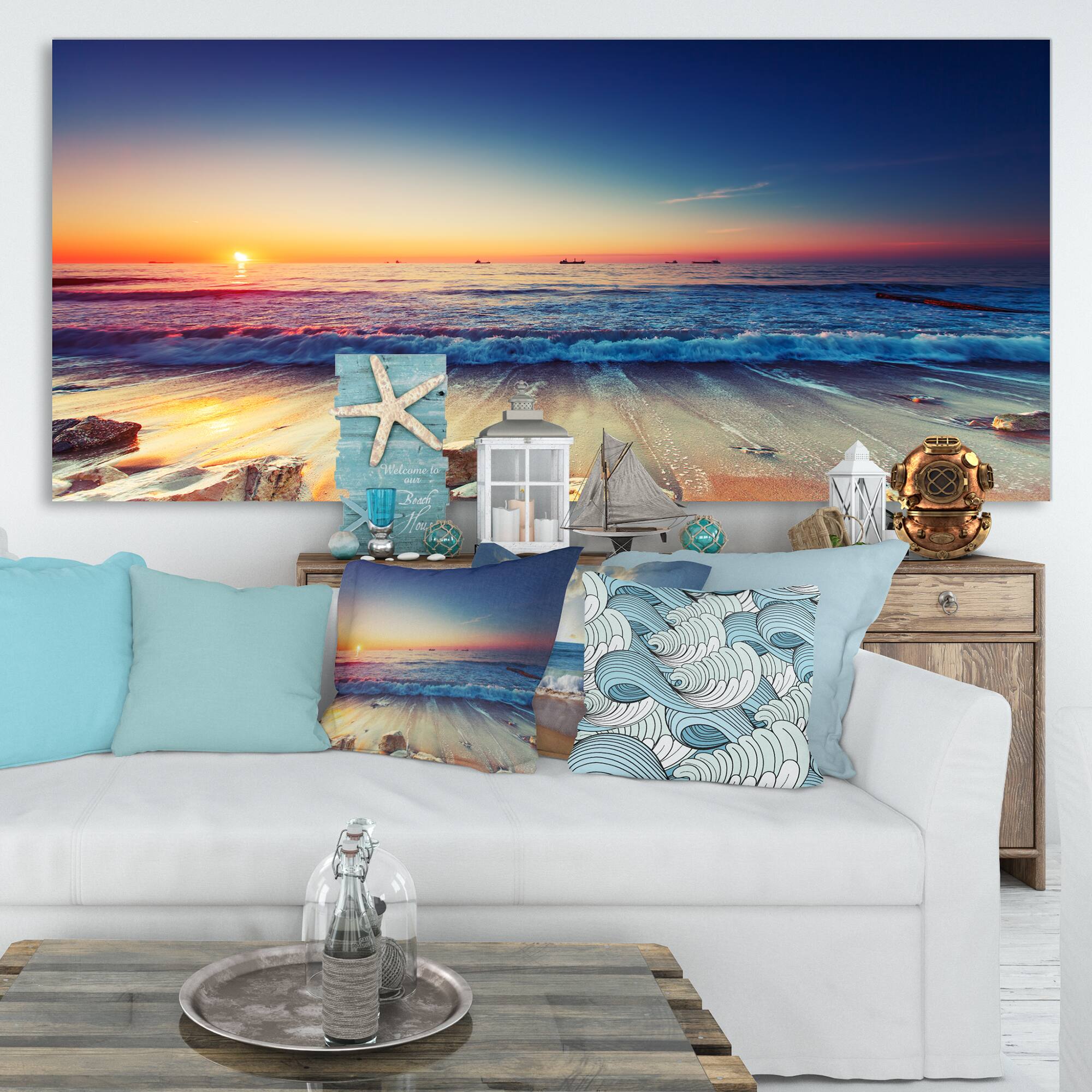 Designart - Beautiful Sunrise over Blue Sea - Seashore Canvas Art Print
