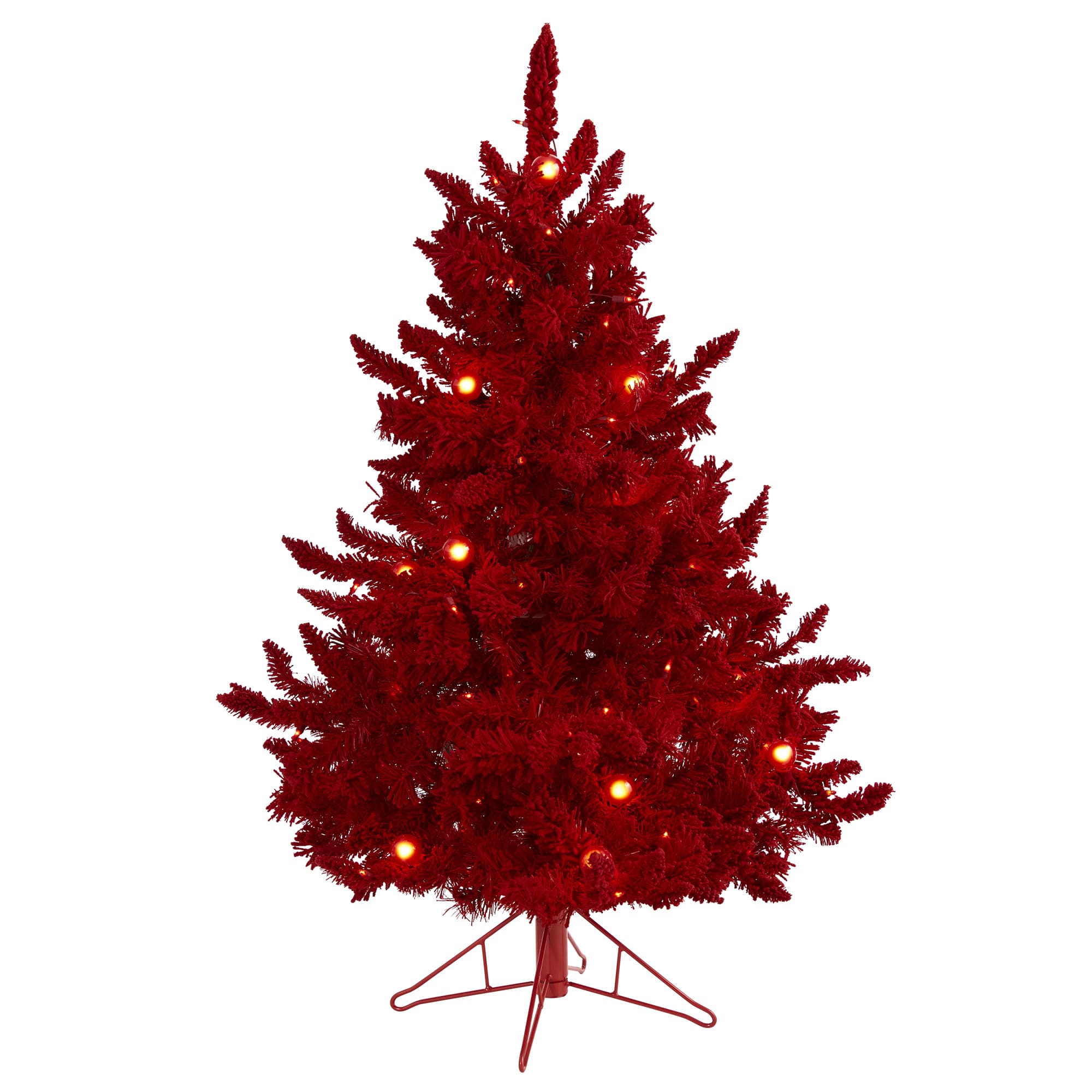 4ft. Pre-Lit Red Flocked Fraser Fir Artificial Christmas Tree with Red Lights