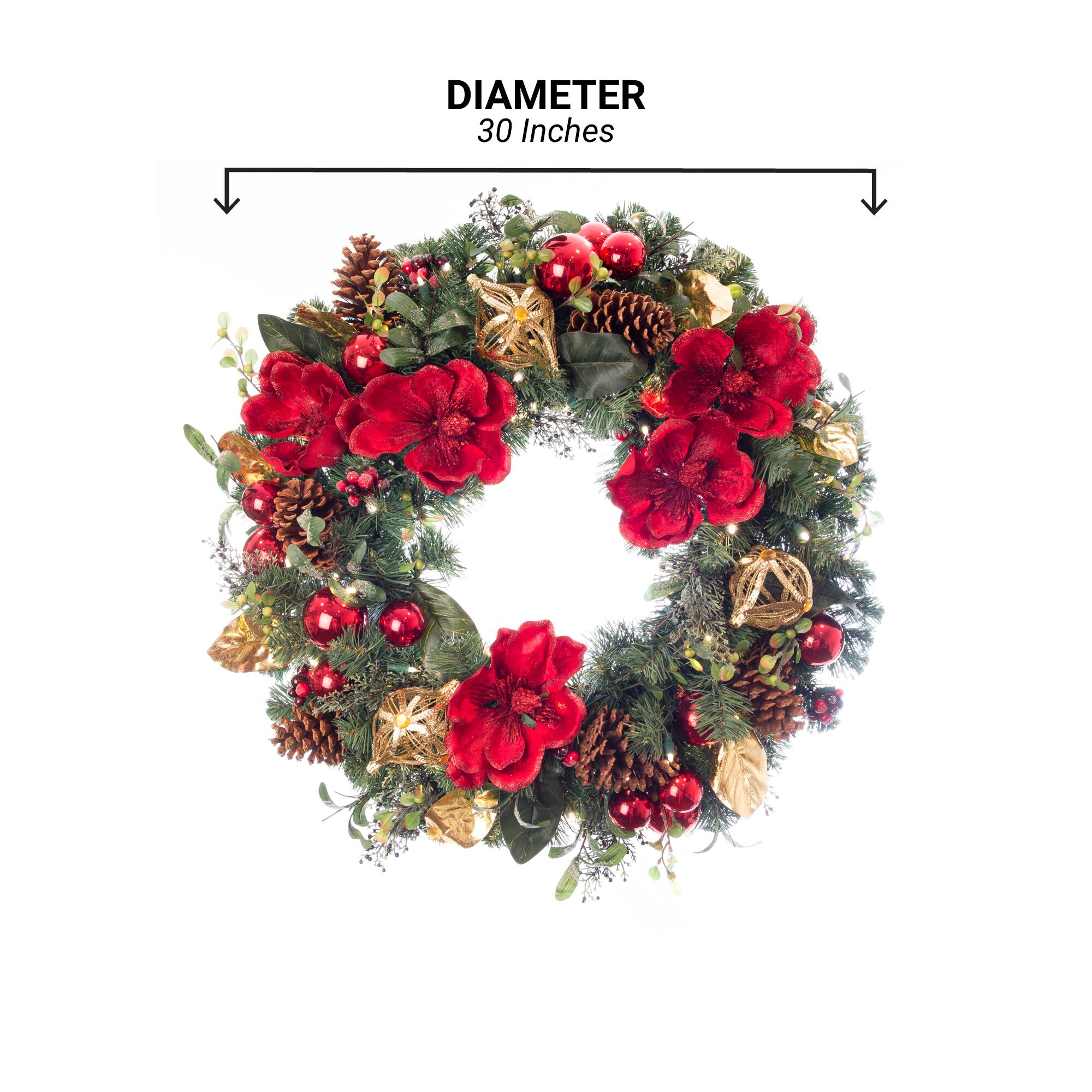 Village Lighting 30" Pre-Lit Red Magnolia Christmas Wreath, Clear LED Lights