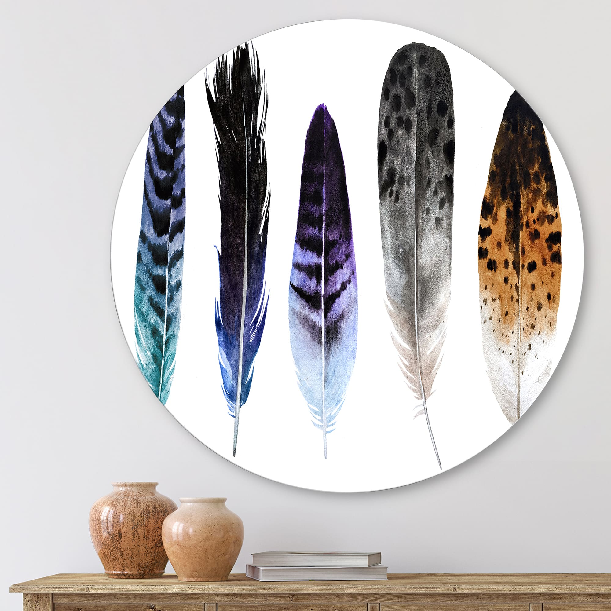 Designart - Colourful Boho Feathers II - Bohemian & Eclectic Metal Circle Wall Art
