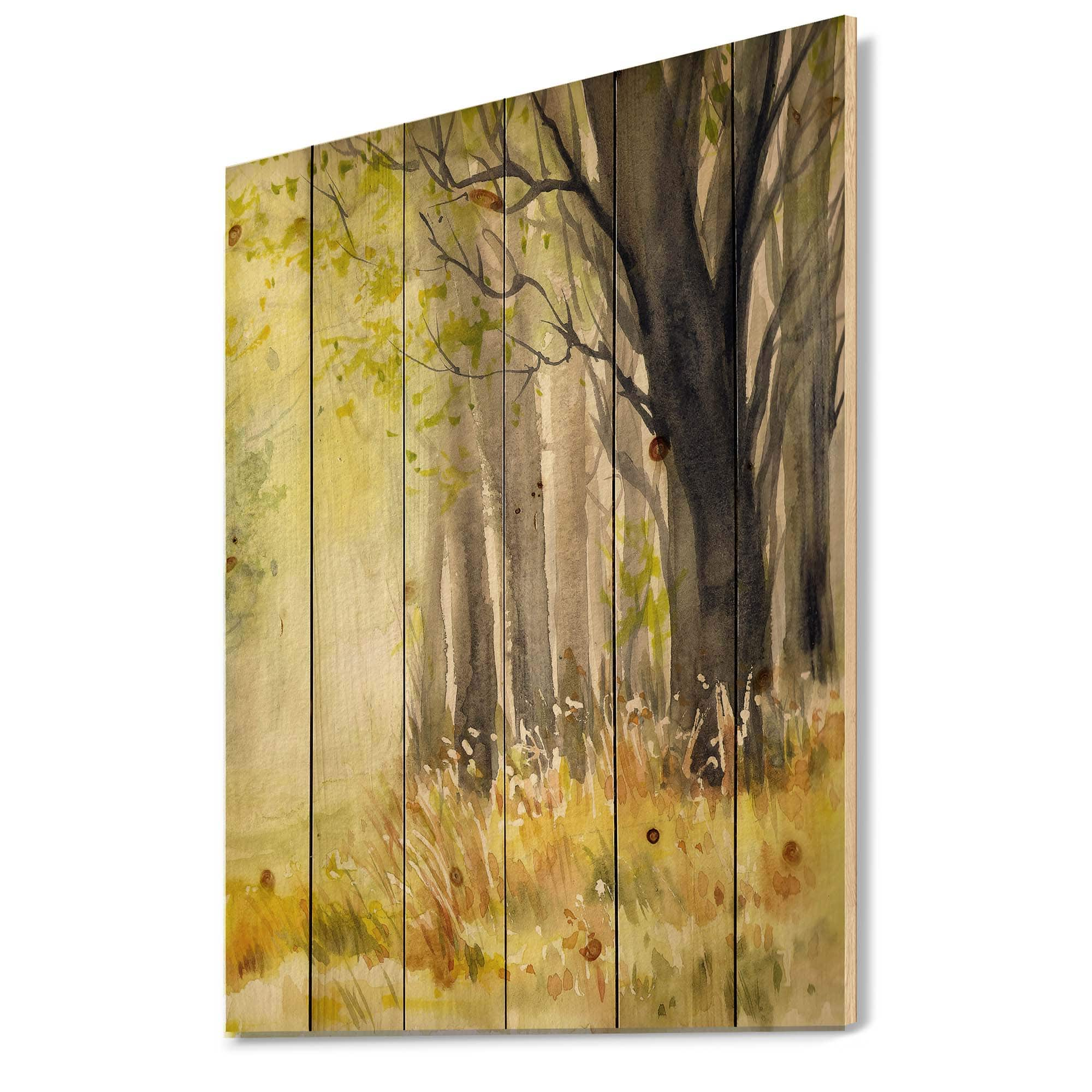 Designart - Bright Sunshine Through The Forest Trees II - Traditional Print on Natural Pine Wood