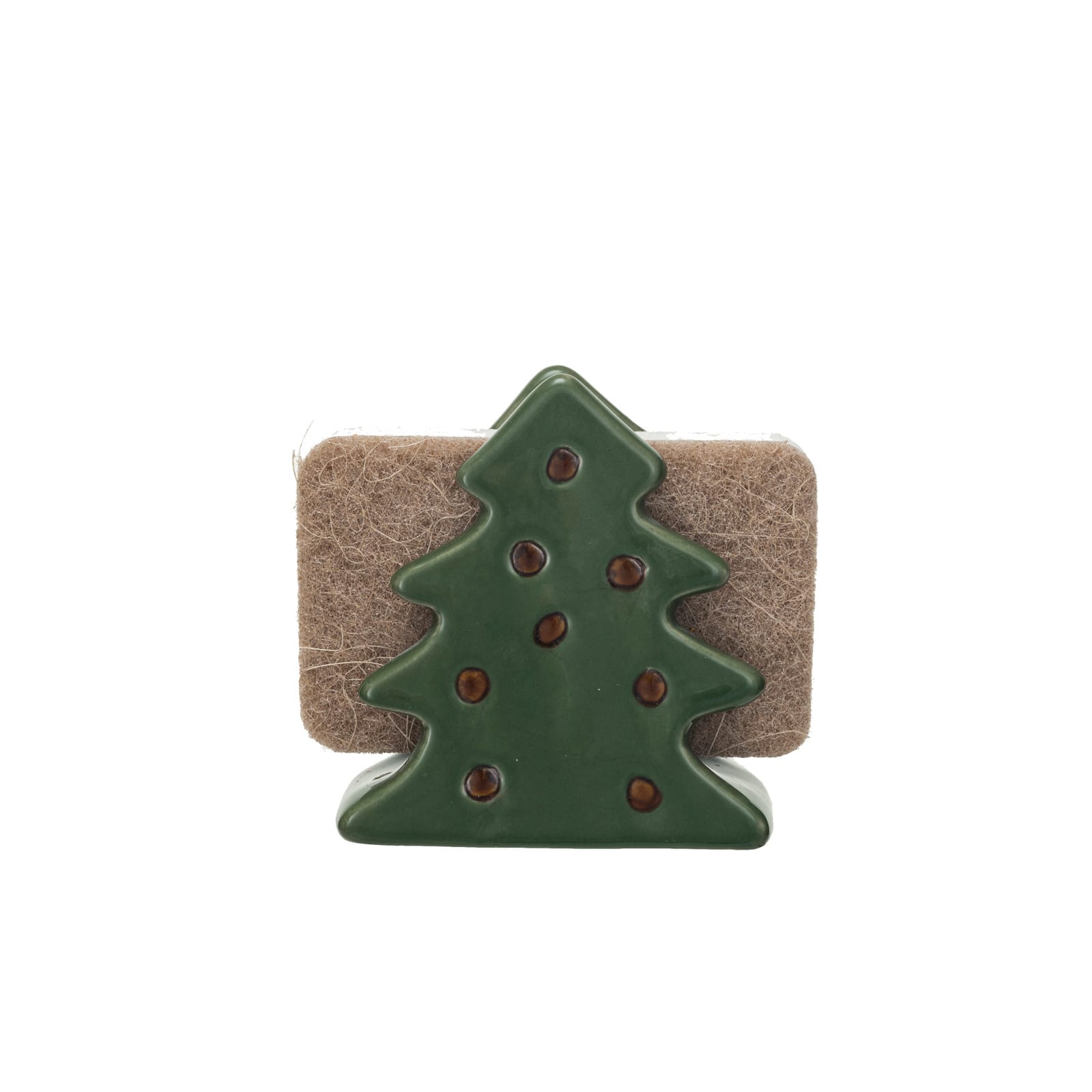 4&#x22; Green &#x26; Brown Stoneware Christmas Tree Shaped Sponge Holders with Sponge &#x26; Reactive Glaze, 2ct.