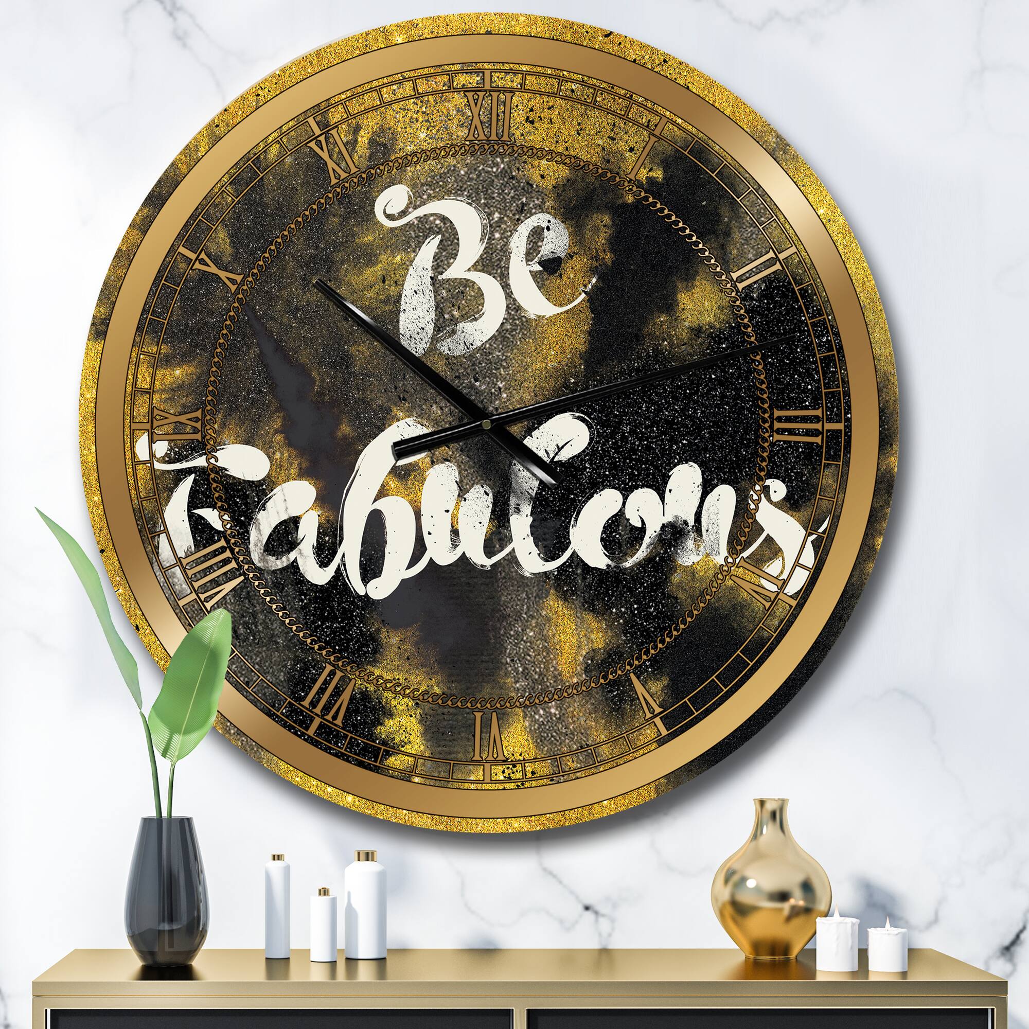 Designart 'Be Fabulous Quote Black On Gold Glam Wall Clock