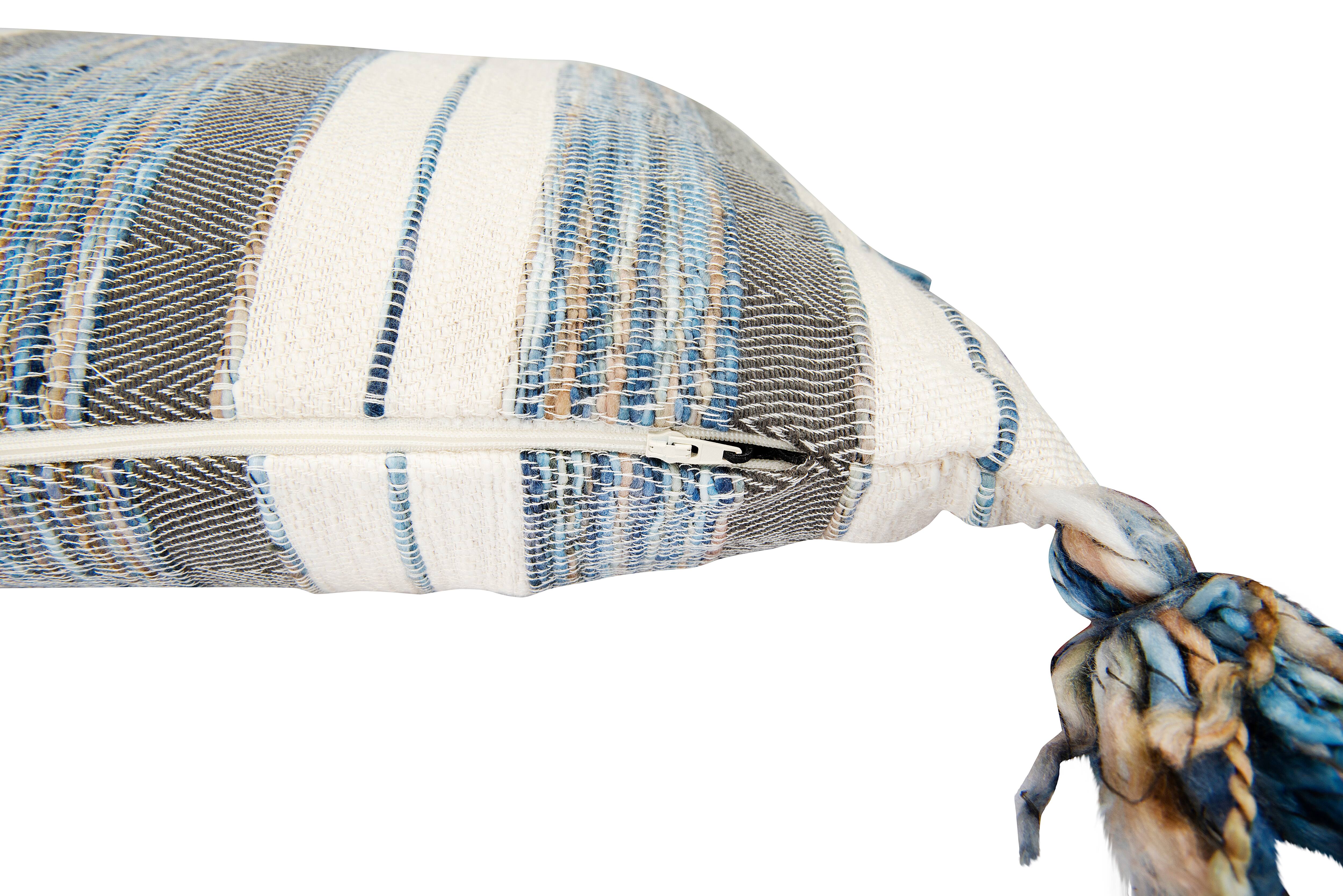 Hello Honey&#xAE; Blue, Gray &#x26; Cream Striped Lumbar Pillow with Tassels
