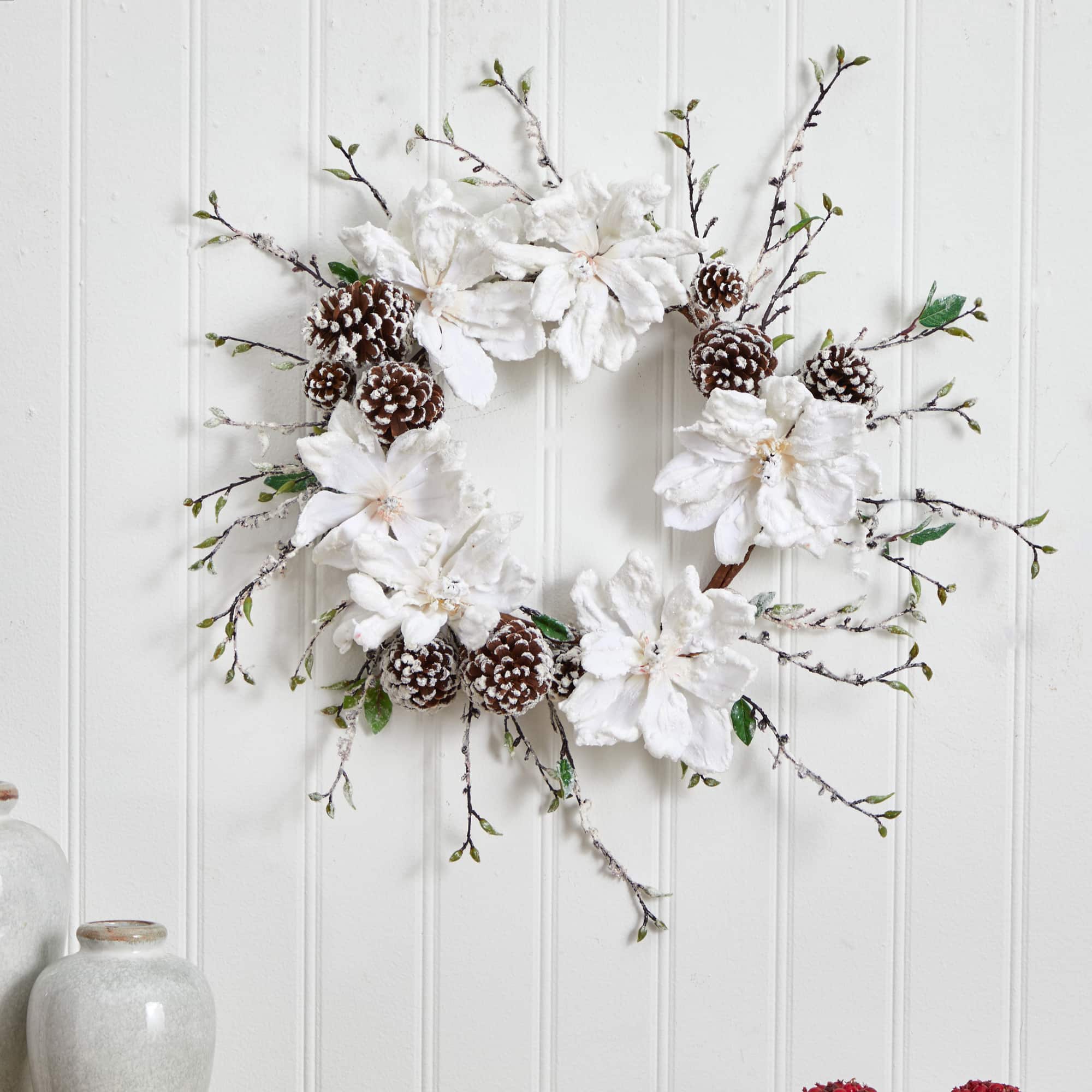 24&#x22; Snowed Magnolia &#x26; Pinecone Wreath