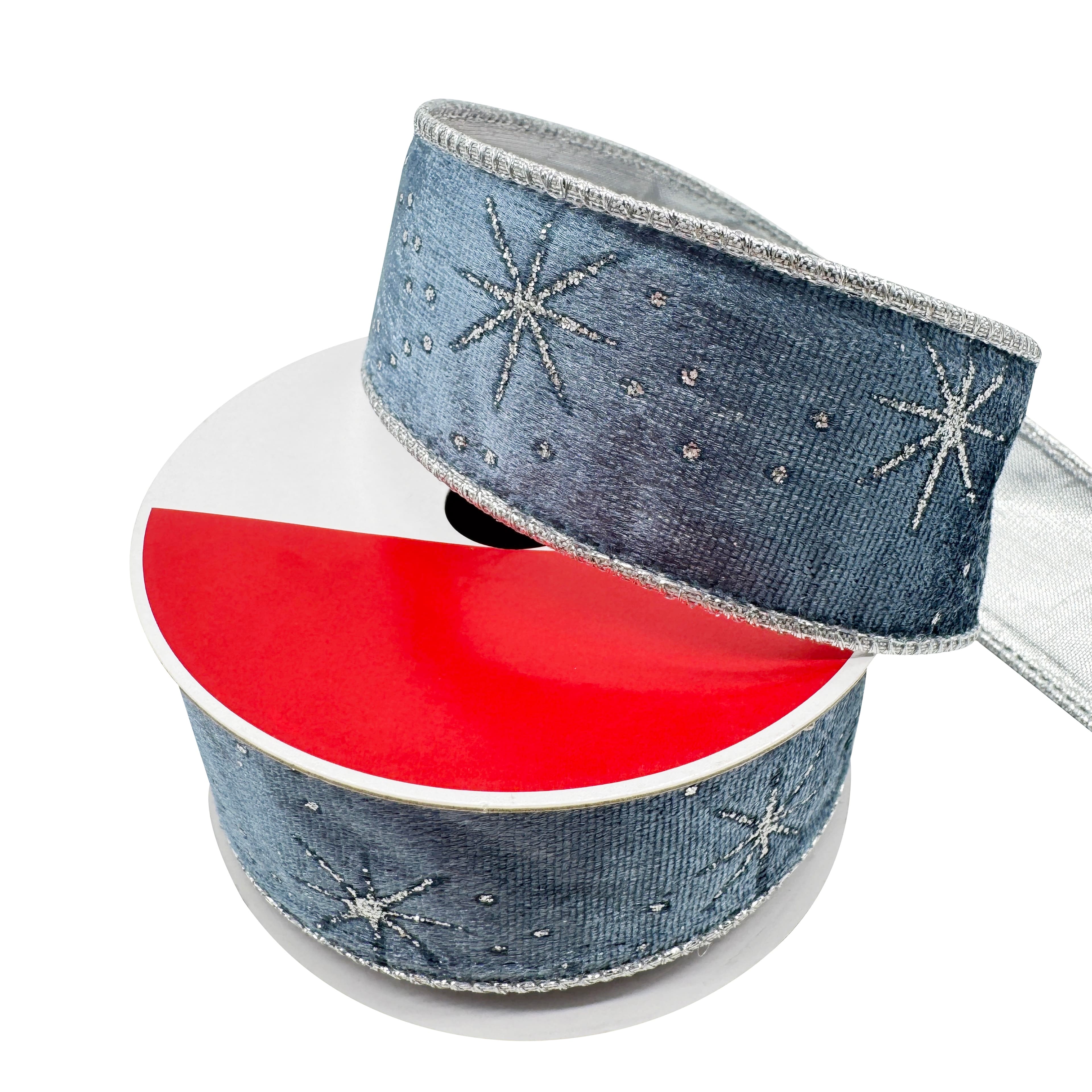 1.5&#x22; x 30ft. Silver Starburst on Blue Wired Velvet Ribbon by Celebrate It&#xAE;