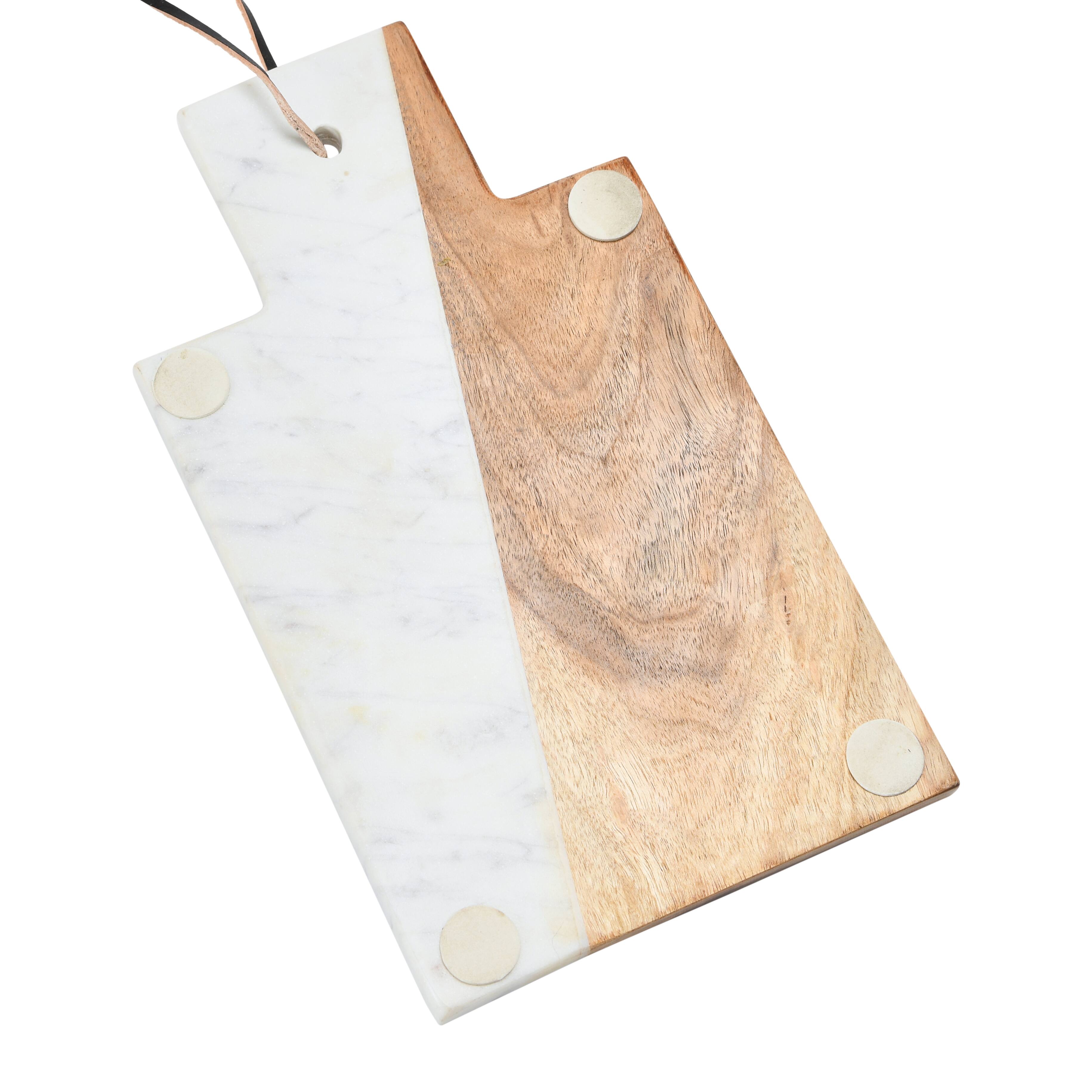 Hello Honey® 12" White and Natural Boho 2-Tone Marble and Acacia Wood Charcuterie or Cutting Board with Brass Inlay and Leather Tie