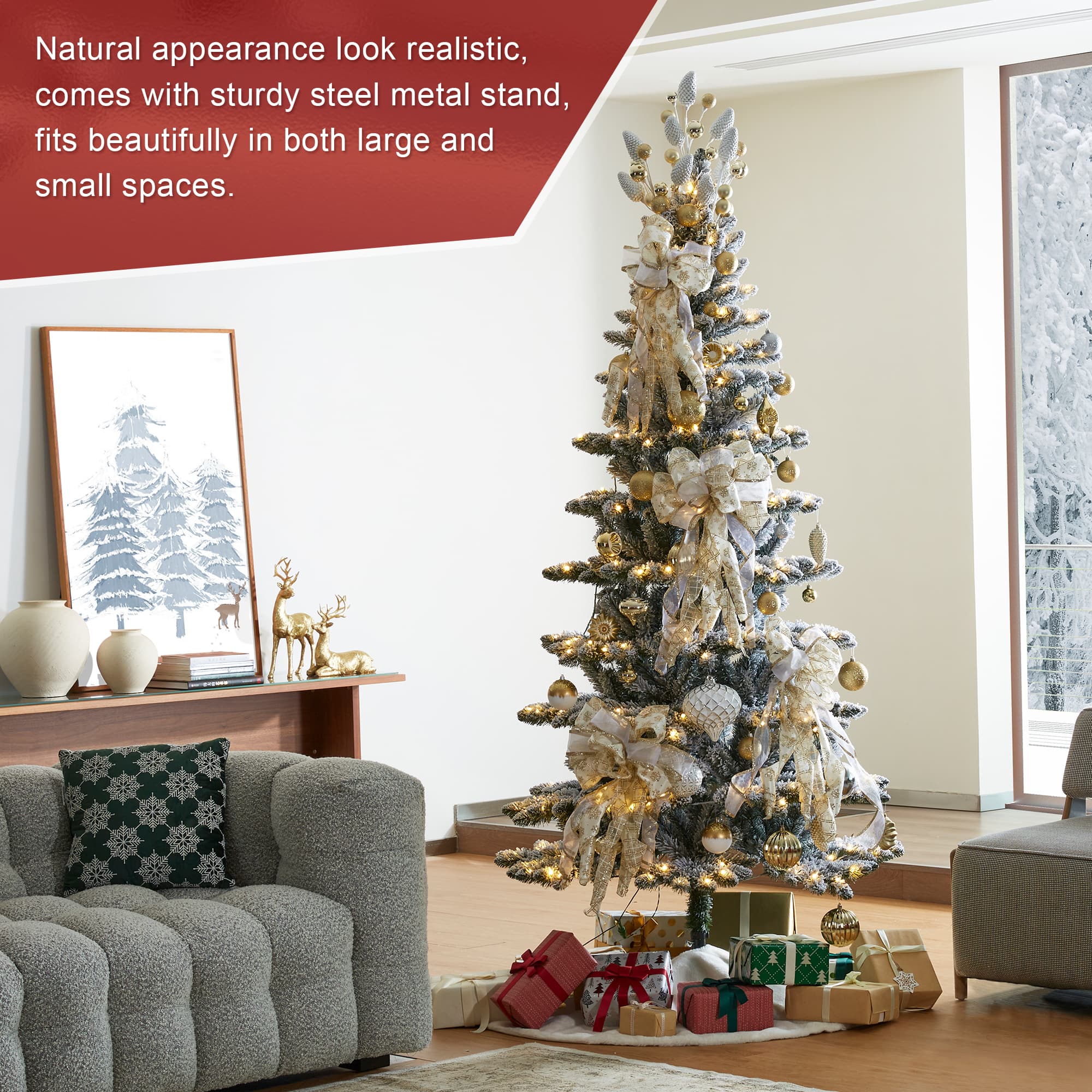 7.5ft. Pre-Lit Flocked Slim Spruce Artificial Christmas Tree, Warm White LED Lights