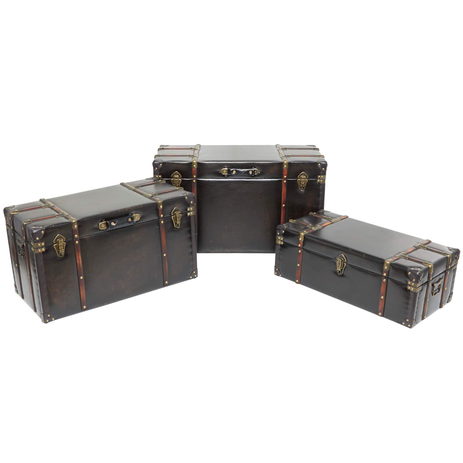 Dark Brown Faux Leather Studded Trunk with Latches & Handles Set