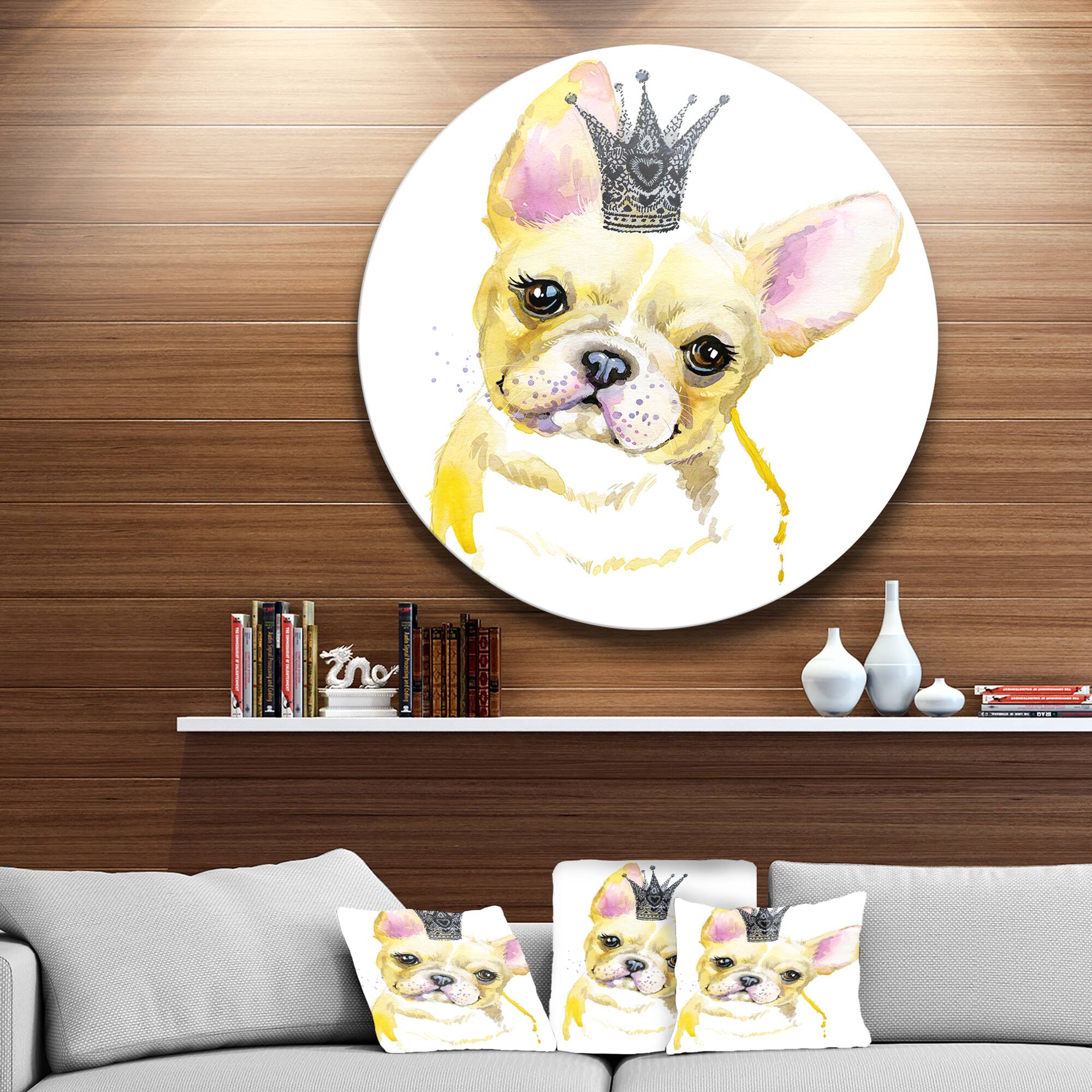 Designart - French Bulldog with Black Crown' Disc Contemporary Animal Metal Circle Wall Decor